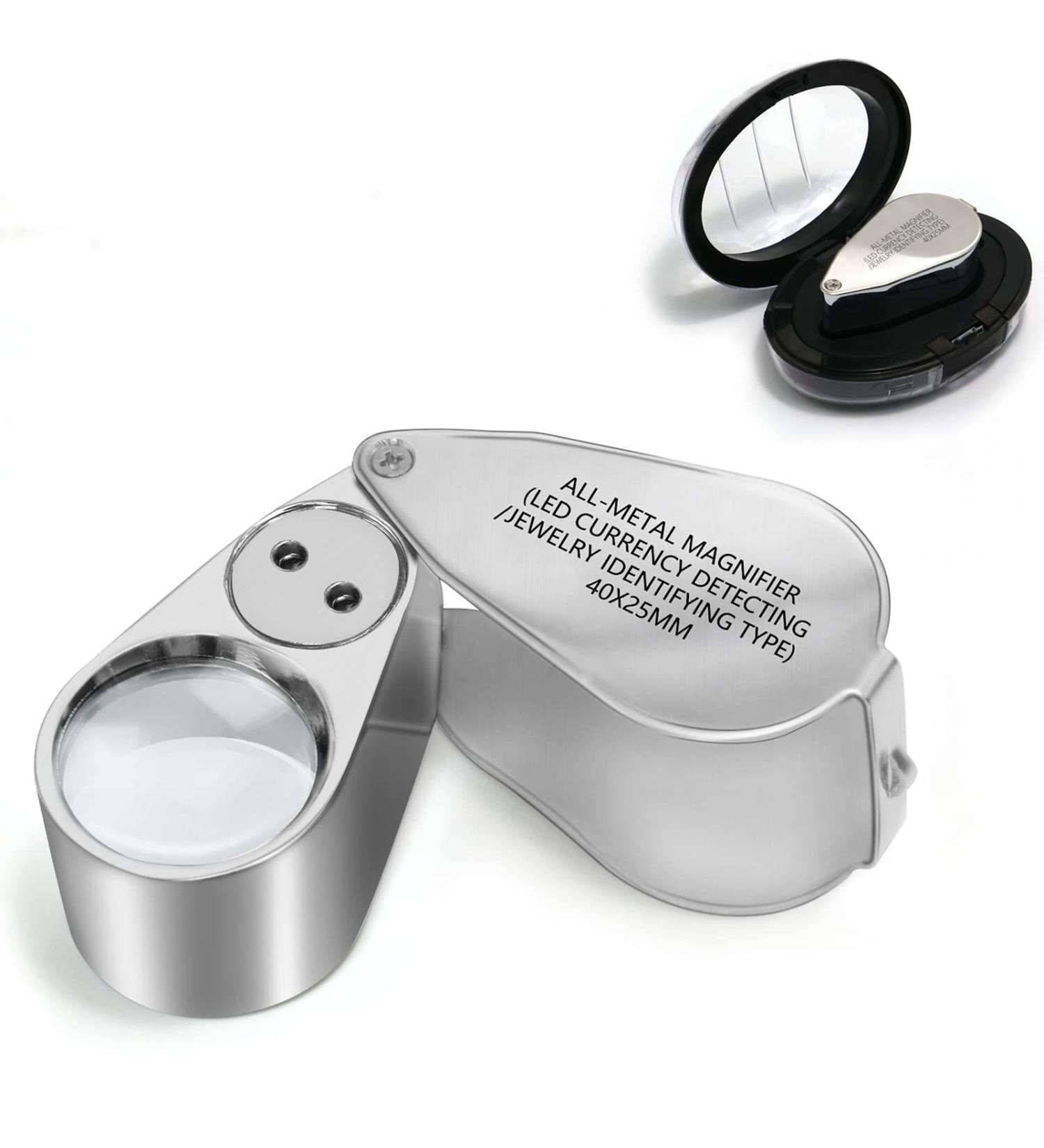40X Full Metal Illuminated Jewelers Eye Loupe Magnifier with LED - Compact Pocket Magnifying Glass for Gems, Jewelry, Coins, Stamps - 1'' Lens Dia - Buy Online on GoSupps.com