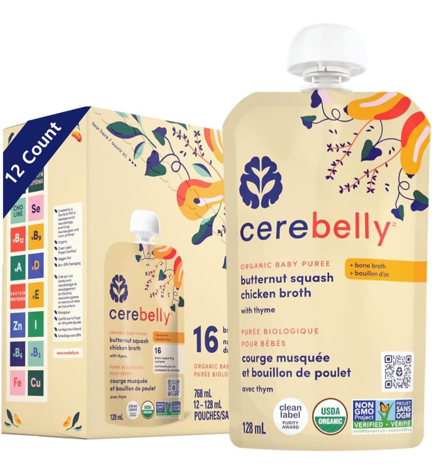 Cerebelly Organic Butternut Squash & Chicken Bone Broth Puree | 6+ Months Stage 1 2 Baby Food Pouches | Protein Healthy Fats 16 Nutrients | 4 Oz Pouch (12 Pack)