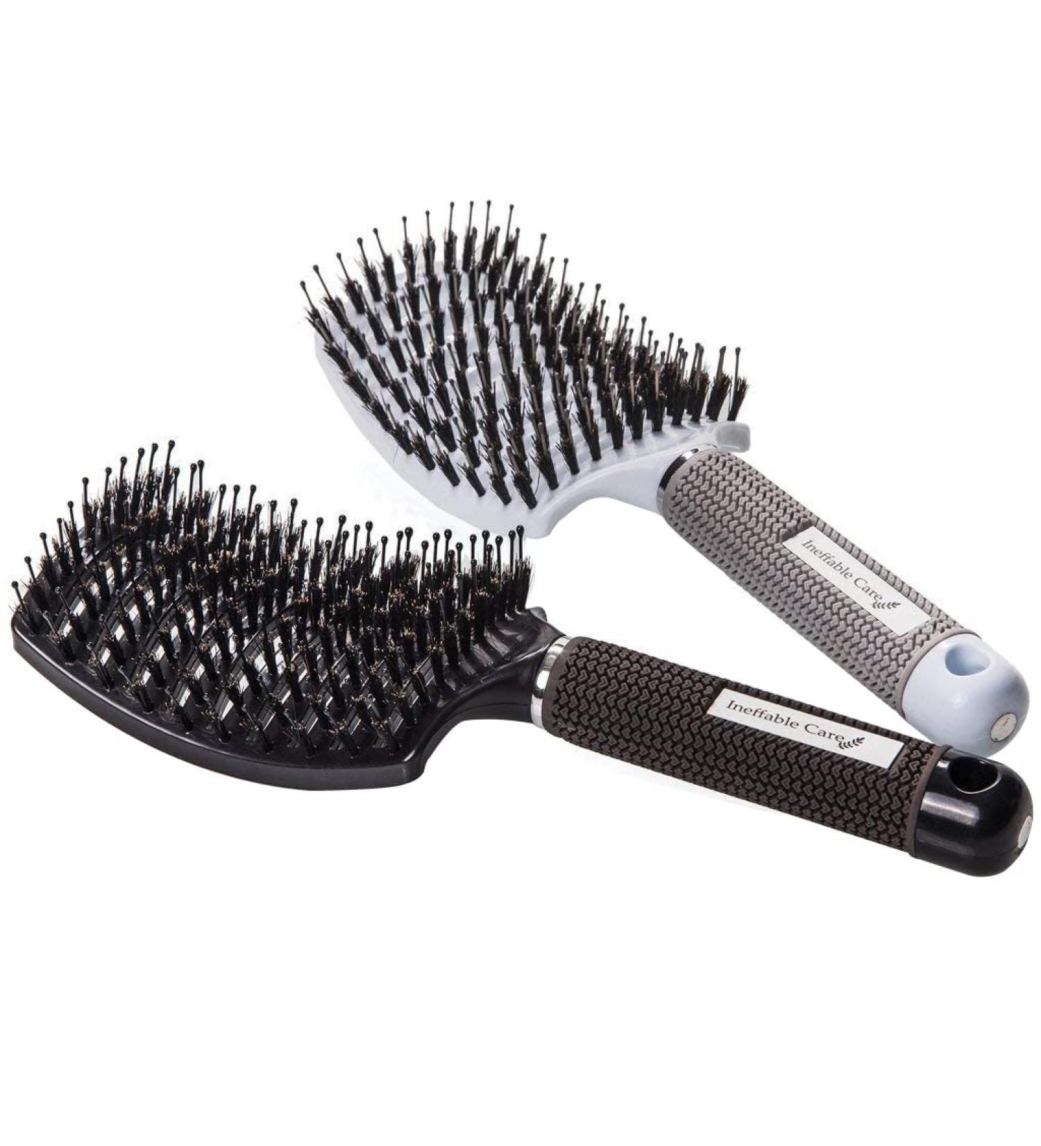 Boar Bristle Hair Brush Set - Curved & Vented Detangling Brush for Women - Ideal for Long, Thick, Thin, Curly, & Tangled Hair - Stocking Stuffers Gift Kit - Black & White - Buy Online on GoSupps.com