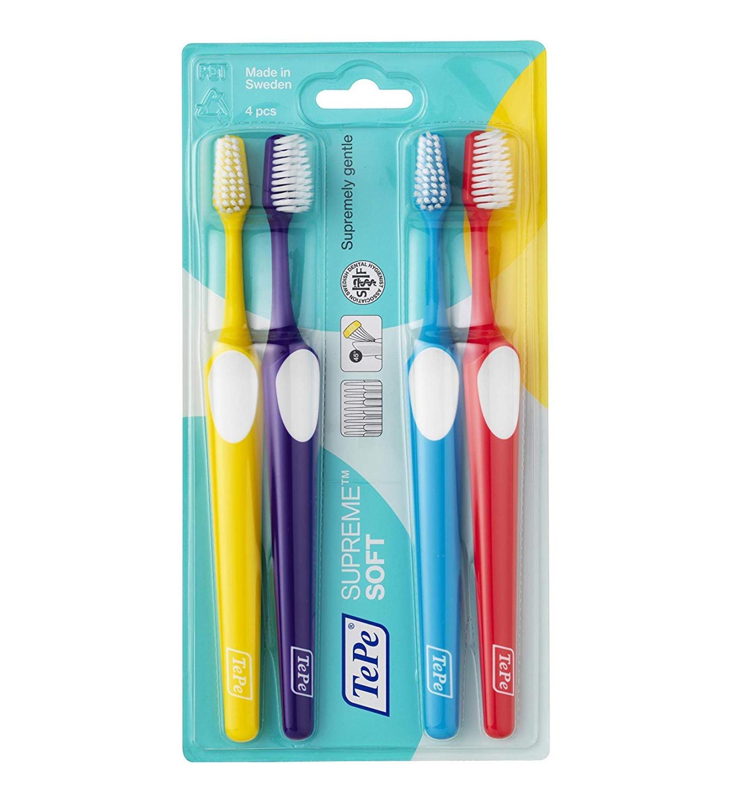 Tepe Supreme Toothbrush - Conical Brush Shape Short & Long Bristles for Gentle Cleaning | 4-Pack in Various Colors - Buy Online on GoSupps.com