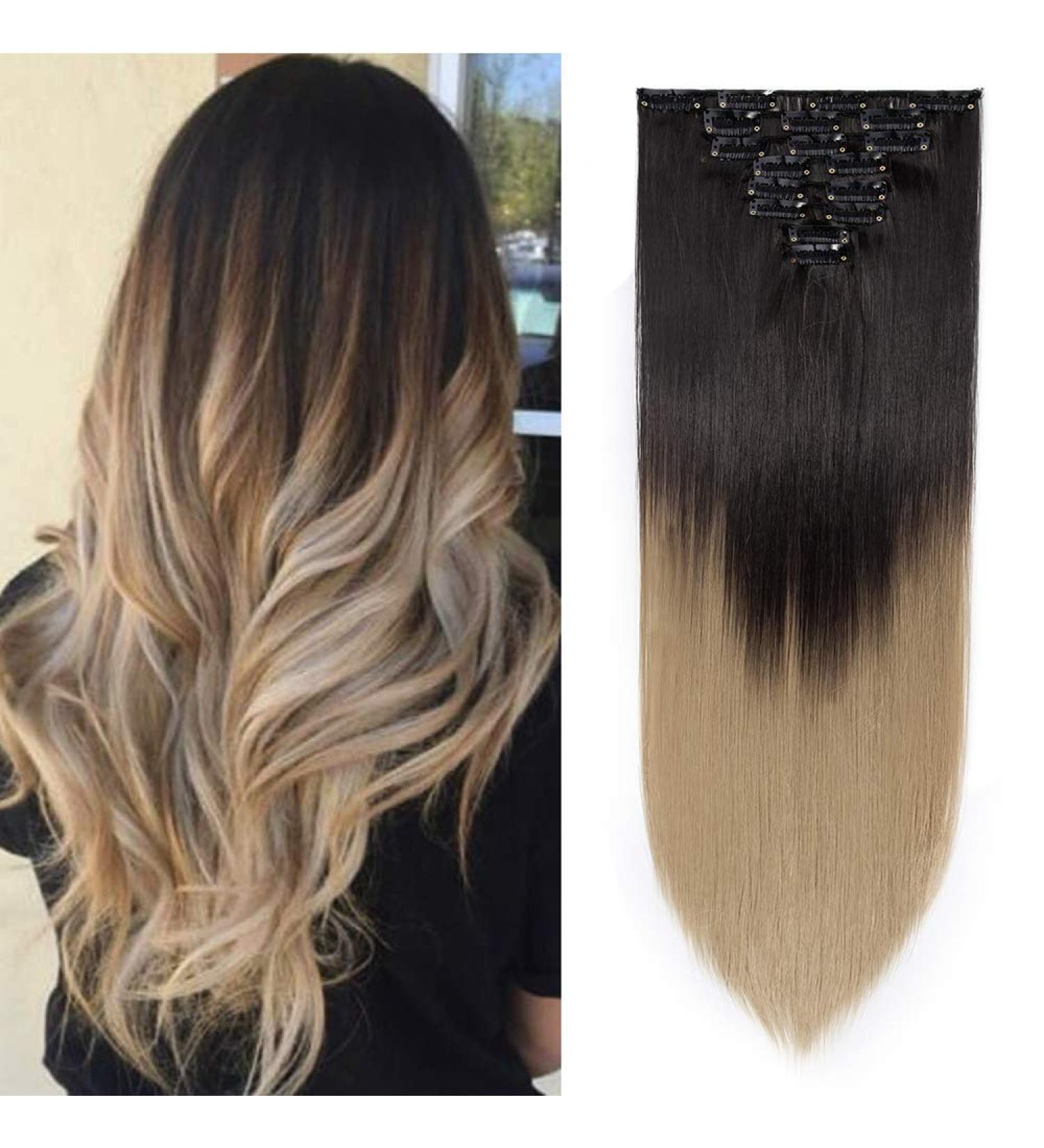 Silk-co 26 Inch 8PCS Clip in Hair Extensions Dark Brown to Ash Blond - 100% Synthetic Long Straight Hair Piece for Full Head - Buy Online on GoSupps.com