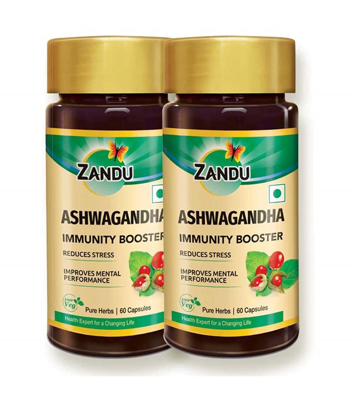 Zandu Ashwagandha Capsules (120 veg caps) Formulated with Pure Extracts of Ashwagandha Immunity Booster For Natural Body Strength Stress Buster (Pack of 60 x 2) - Buy Online on GoSupps.com
