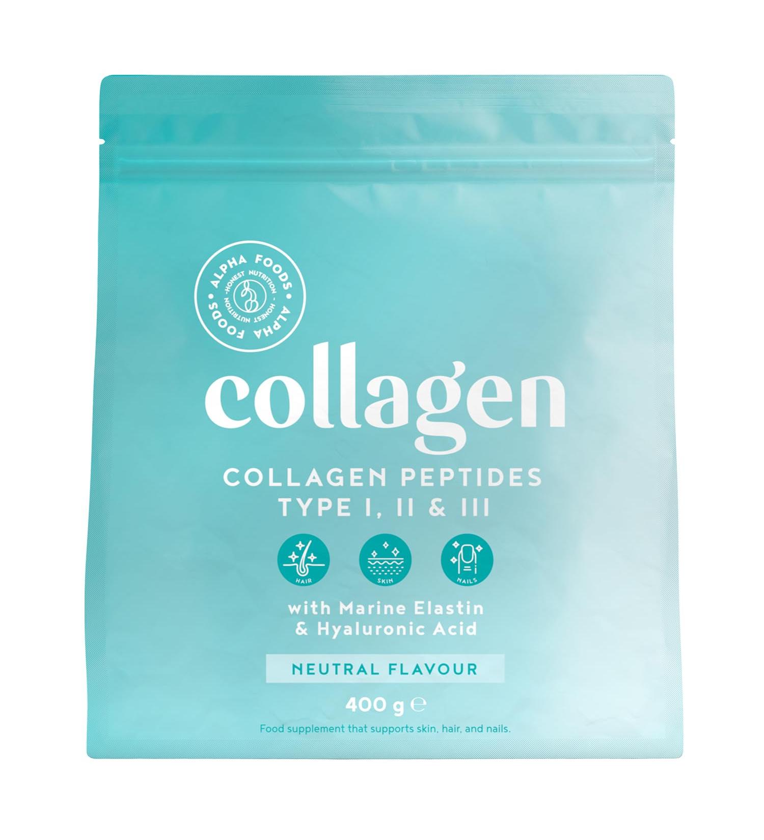 Alpha Foods Collagen Powder 400g - Hydrolysate Peptides Type I II III - High Dose with Hyaluronic Acid & Elastin - Flavor Neutral - Premium German Supplement - 26 Portions - Buy Online on GoSupps.com