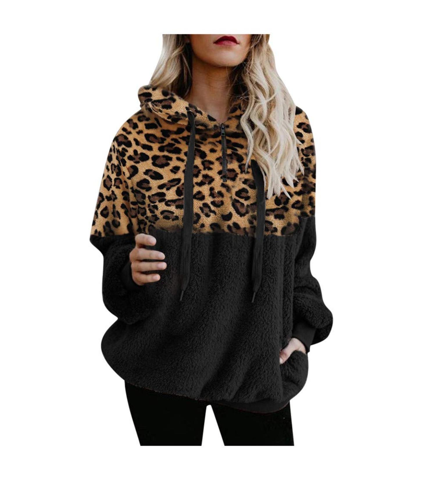 Bigfanshu Women's Tops Leopard Patchwork Long Sleeve Sweatshirt Pullover Shirt Blouse Black - Buy Online on GoSupps.com
