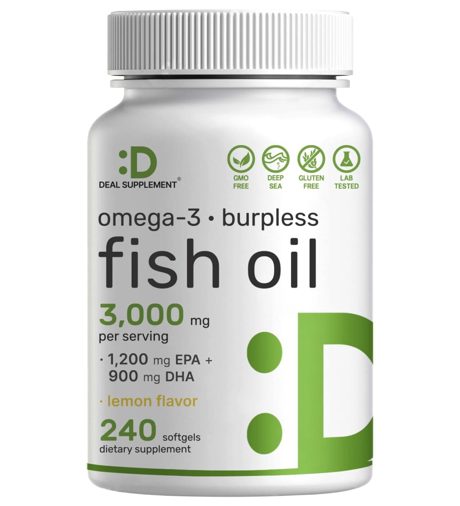 DEAL SUPPLEMENT Omega 3 Fish Oil Supplements 3 000mg Per Serving 240 Softgels EPA 1 200mg + DHA 900mg Burpless Pills Lemon Flavored Wild Caught Brain & Heart Support Mercury Free Non-GMO - Buy Online on GoSupps.com