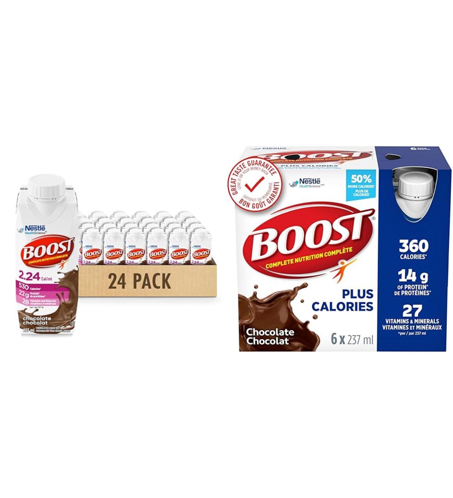 BOOST 2.24 Cal/mL Complete Nutrition Drink For Adults & PLUS Complete Nutrition Drink Chocolate 6x237ml Bottles Case Pack of 4 Packaging May Vary Drink + Drink 6x237ml Bottles - Buy Online on GoSupps.com