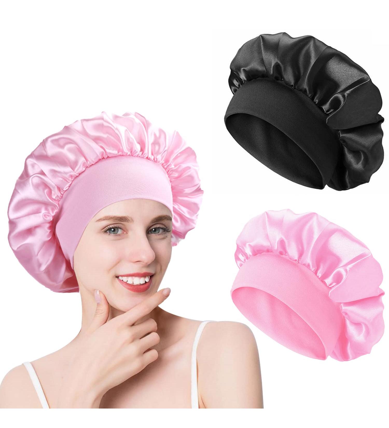 AliLeader 2Pcs Silk Hair Bonnet for Sleeping - Black+Pink Satin Cap for Curly Hair - Elastic Band Soft Hair Wrap for Women - Buy Online on GoSupps.com