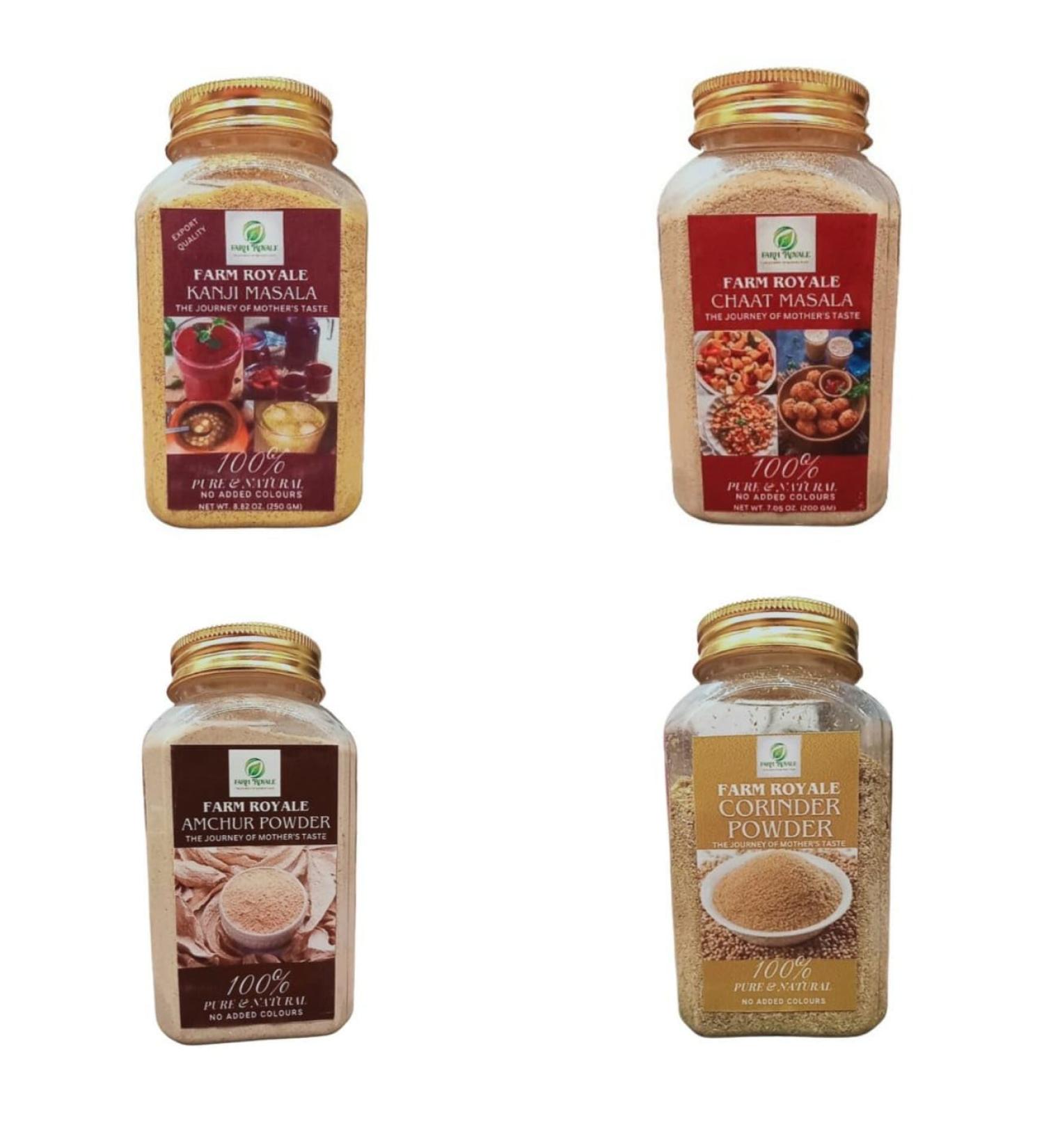 Farm Royale Spice Combo||Kanji Masala Chat Masala Amchur Powder Corinder Powder||(250gm 200gm 200gm 200gm)||100% Pure and Natural||Export Quality||Hand picked materrial