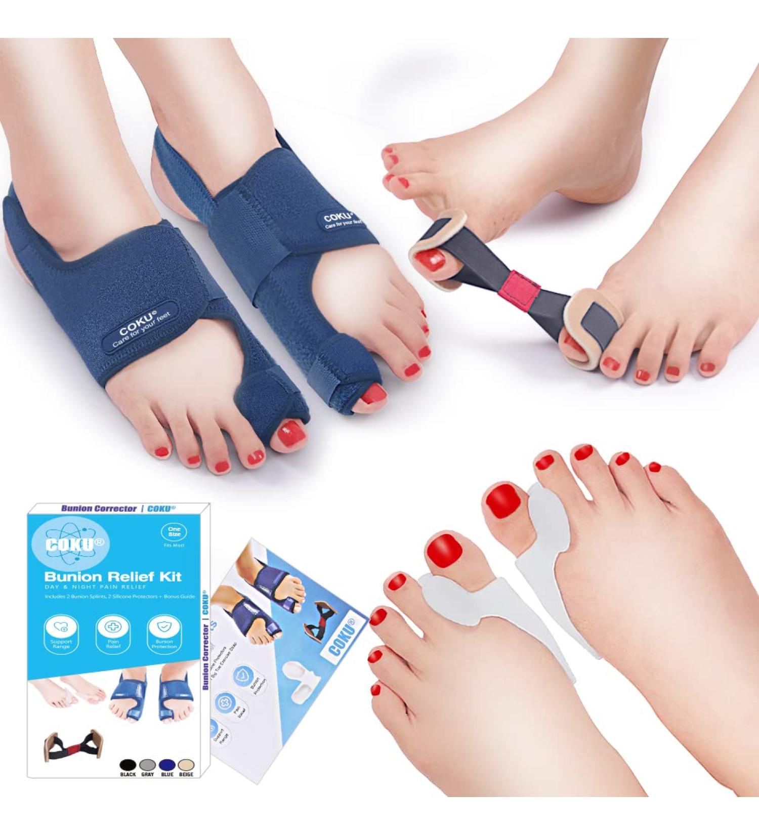 Bunion Corrector Splint Toe Separator Pads Orthopedic Pain Relief Kit - Night Support with Free Blue Protector Sleeves - Buy Online on GoSupps.com