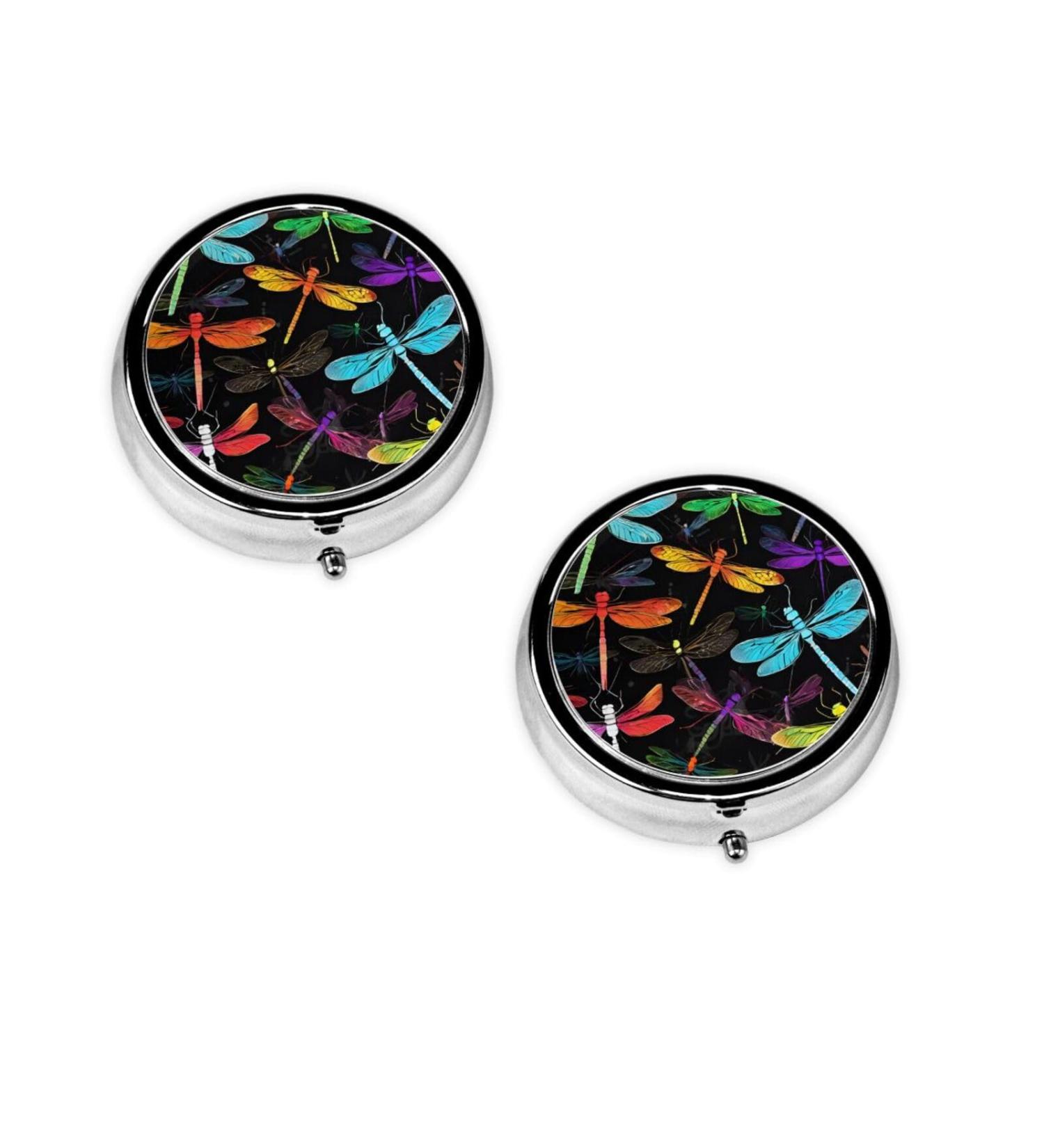Cute Dragonfly Round Pill Box | 3 Compartment Mini Travel Medicine Organizer | Decorative Pocket Purse for Vitamins & Tablets - Buy Online on GoSupps.com