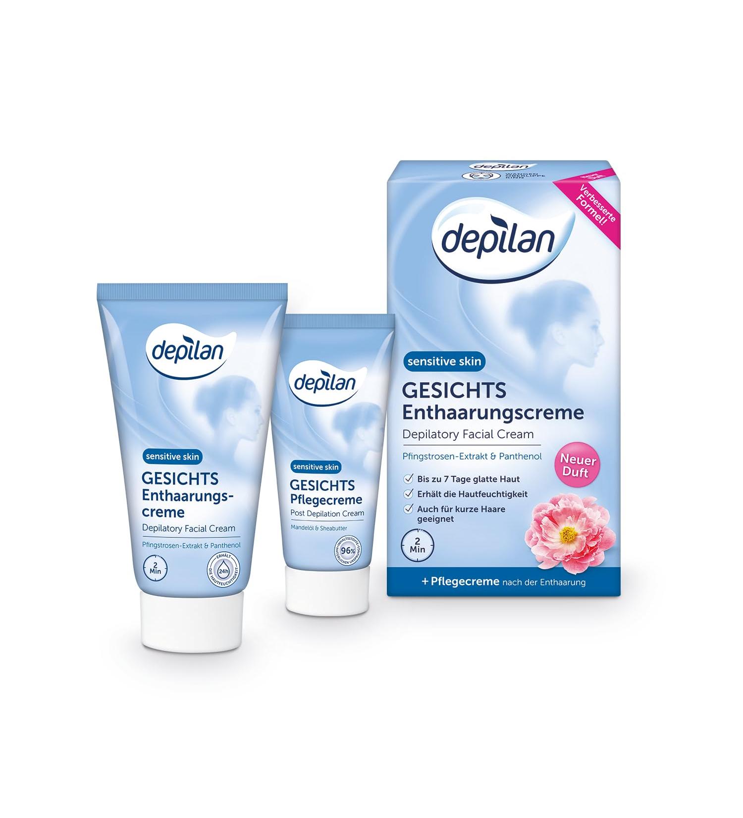 Depilan Facial Depilatory Cream for Sensitive Skin - Gentle Hair Removal for Upper Lip Chin Cheek & Nose - Includes 50ml Cream 30ml Care Cream & Sponge - International Shipping Available - Buy Online on GoSupps.com