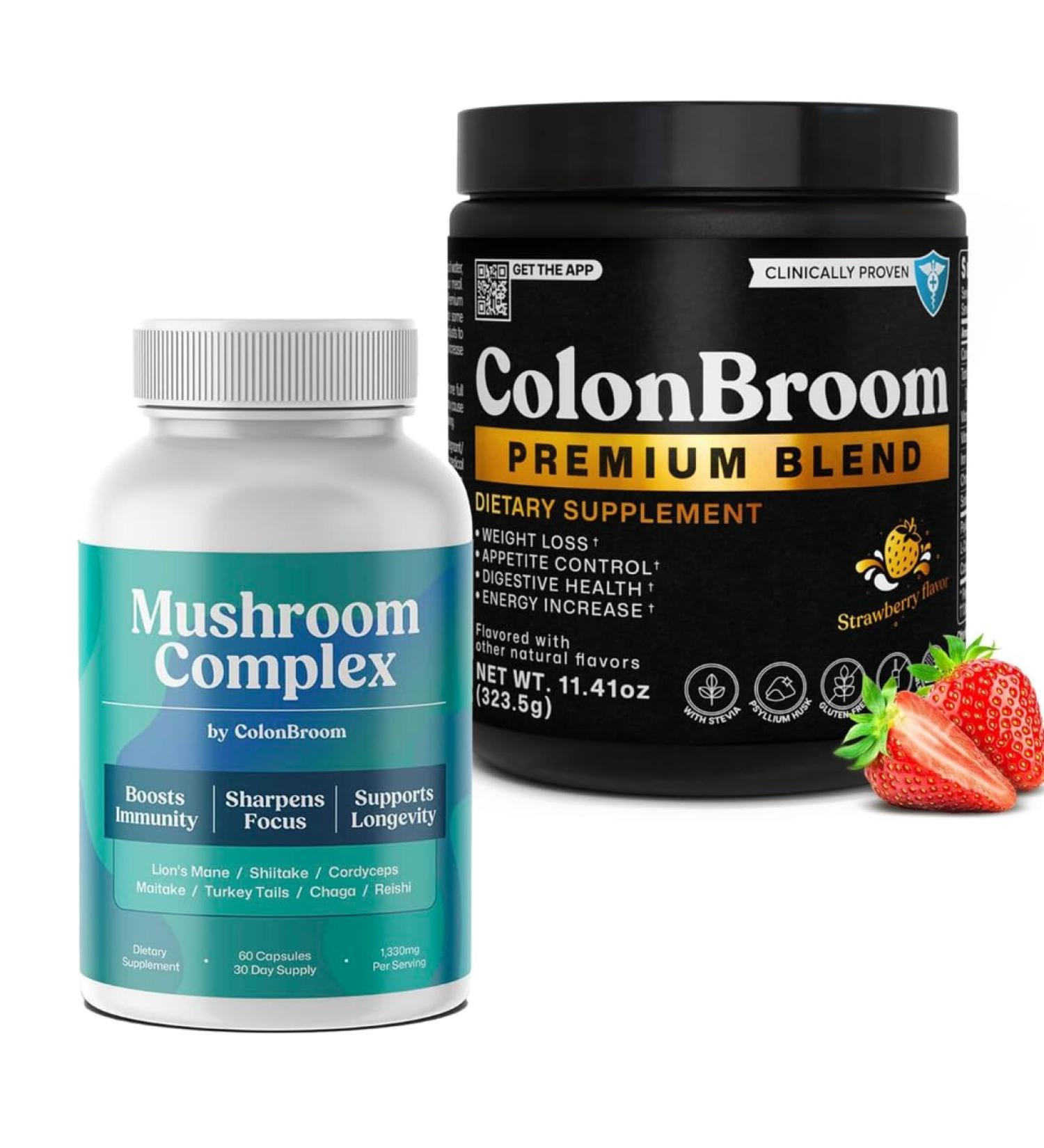 ColonBroom Premium Powder Supplement (Strawberry 50 Servings) + Mushroom Complex Powerful Mushroom Blend with Cordyceps Reishi Shiitake Lion s Mane Extract for Energy Immunity (60 Capsules) - Buy Online on GoSupps.com