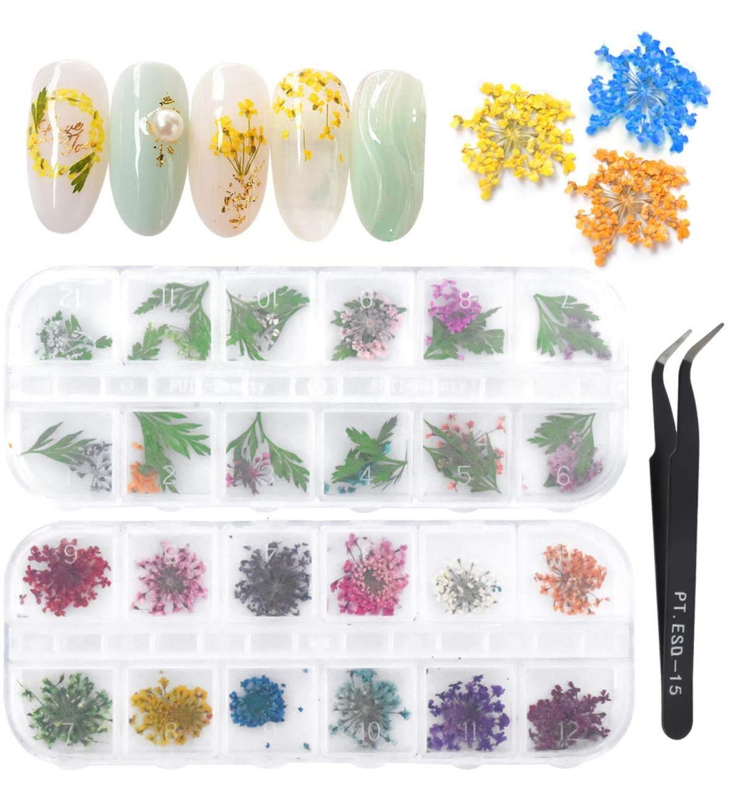 Pinsheng Dried Flower Nail Art Set - 24 Colors 3D Tiny Natural Flowers & Leaves with Curved Tweezers for Stunning Nail Designs - International Shipping Available - Buy Online on GoSupps.com