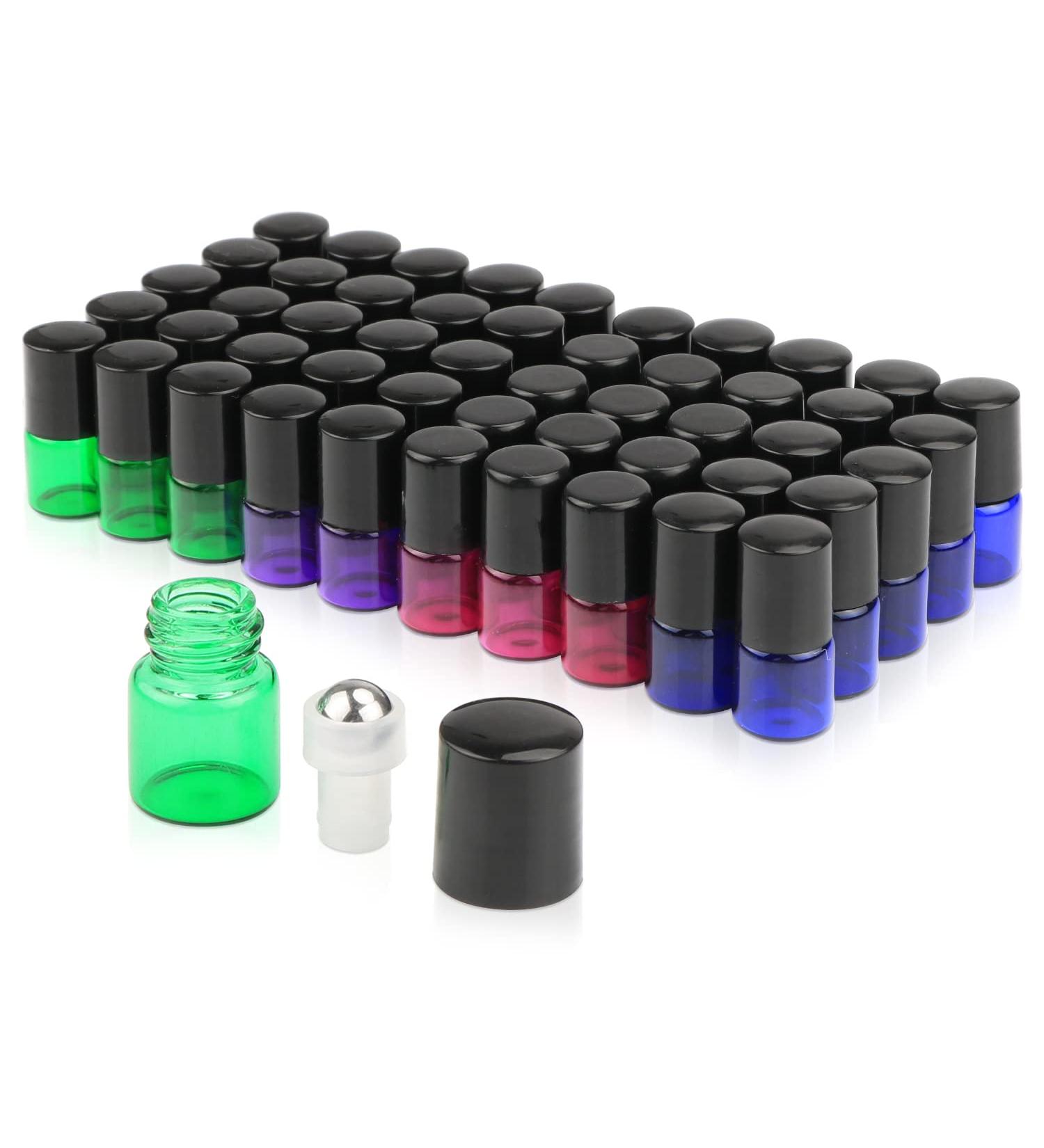 50-Pack 1ml Glass Roll-On Bottles Mixed Colors with Stainless Steel Roller Balls and Black Caps for Aromatherapy - Includes Pipette - Buy Online on GoSupps.com