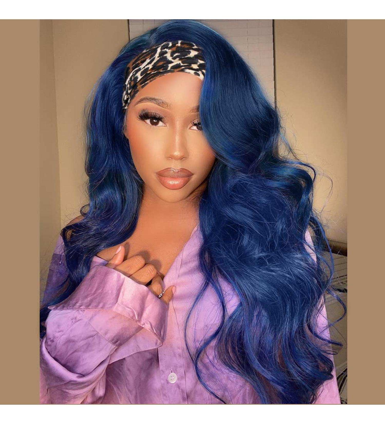 22 Inch Dark Blue Headband Wig for Black Women - Synthetic Glueless Long Wavy Wig with Attached Headbands for Natural Look - Buy Online on GoSupps.com
