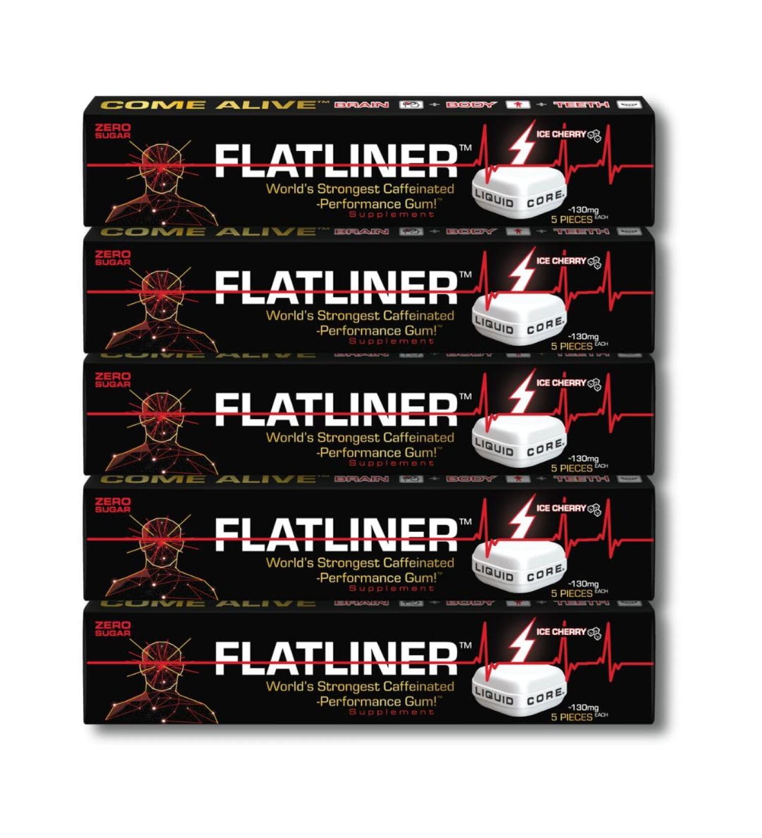 FLATLINER Caffeinated Gum - Zero Sugar Xylitol 130mg Natural Caffeine Ice Cherry Flavor - 5 Pack (25 Pieces) | International Shipping Available - Buy Online on GoSupps.com