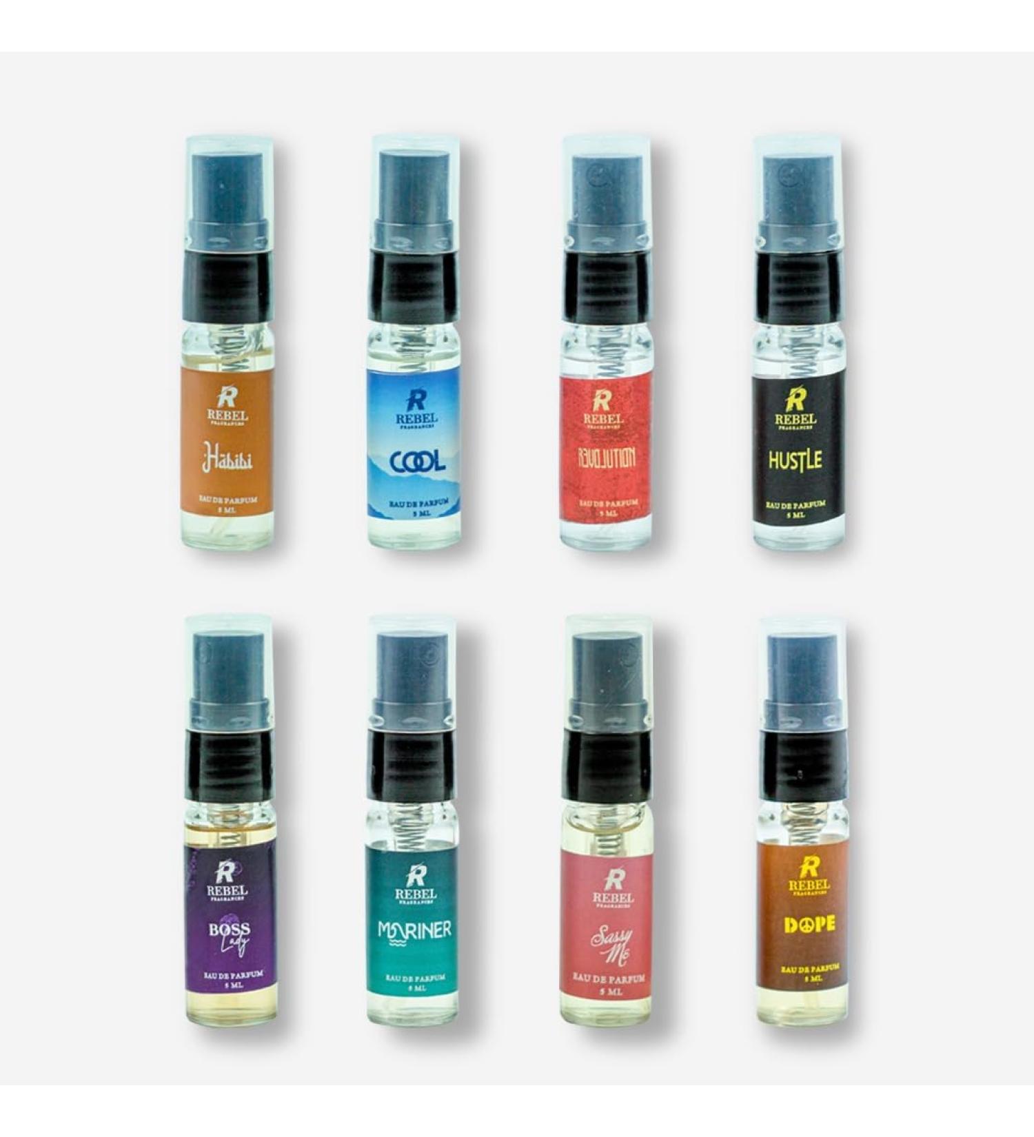 REB'EL'FRAGRANCES Trial Pack Of 8 x 5ml Pocket Perfumes For Unisex Fragrance Mix Long Lasting Liquid Perfume Sweet Floral Oud Musky & Spicy