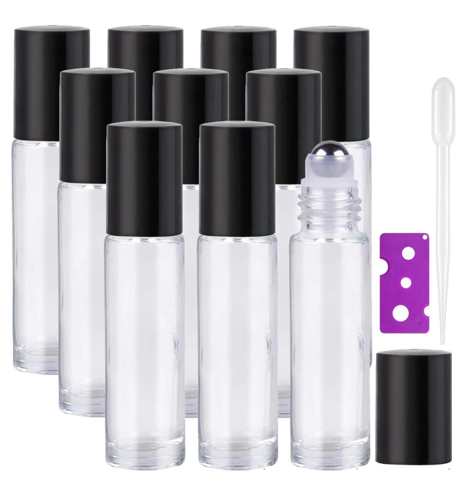 YALBDOPO 10ml Roller Bottles for Essential Oils | Refillable Transparent Glass with Black Lid | Includes 12 Labels Pipette & Opener - Ideal for Fragrance - Buy Online on GoSupps.com