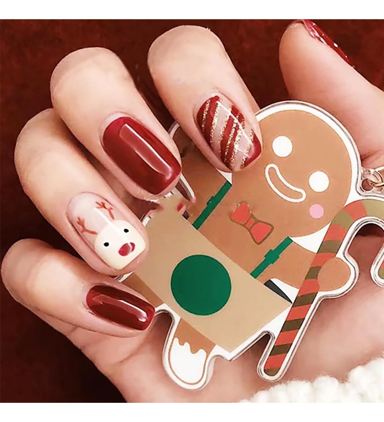 Brishow Christmas Snow Elk Press on Nails - Red Short Square Fake Nails for Women and Girls (24pcs) - Buy Online on GoSupps.com