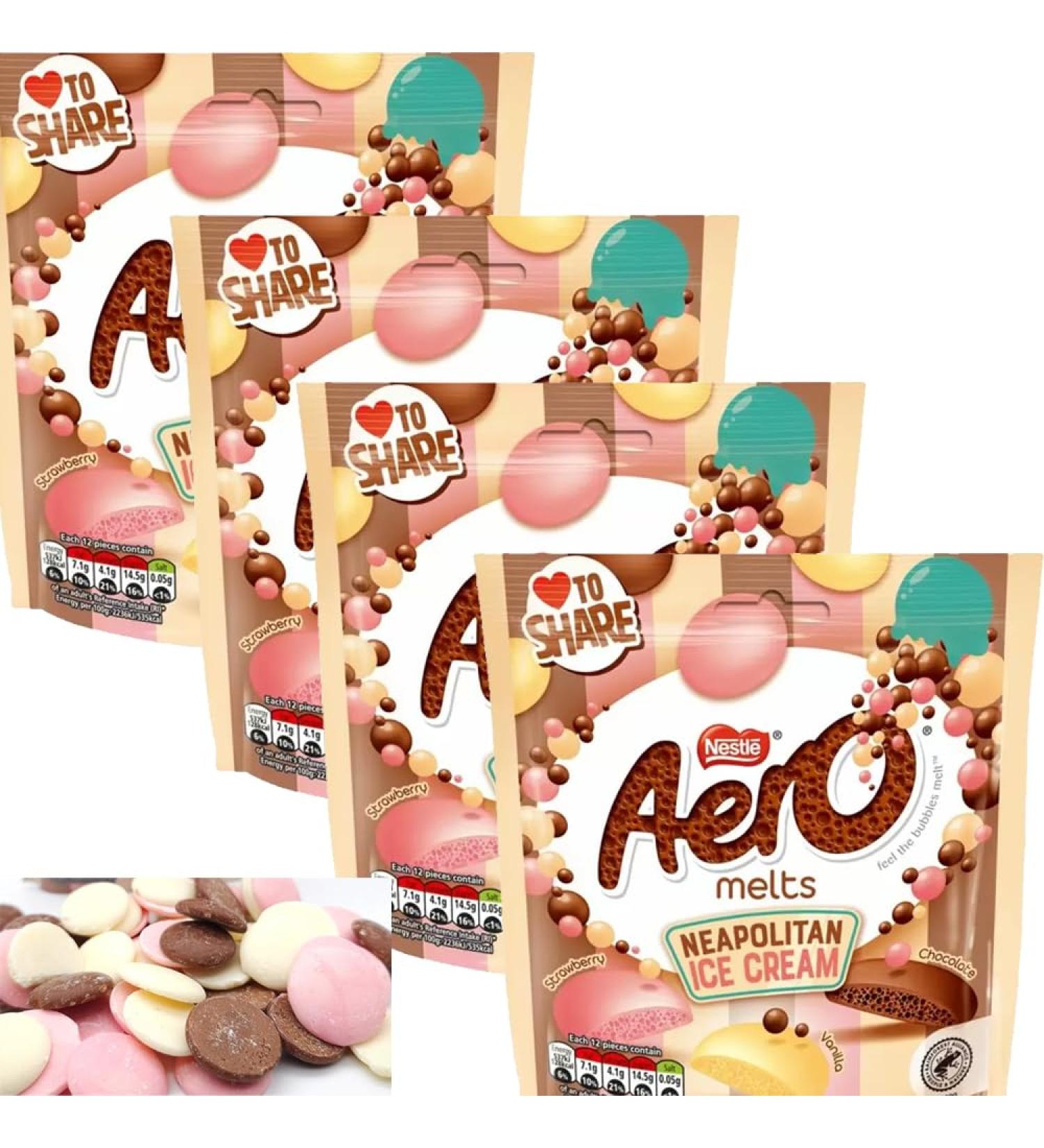 Aero Melts Chocolate Neapolitan Ice Cream Pouch 86g - Bitesize buttons of bubbly milk chocolate strawberry and vanilla flavour pieces (04 Bags)