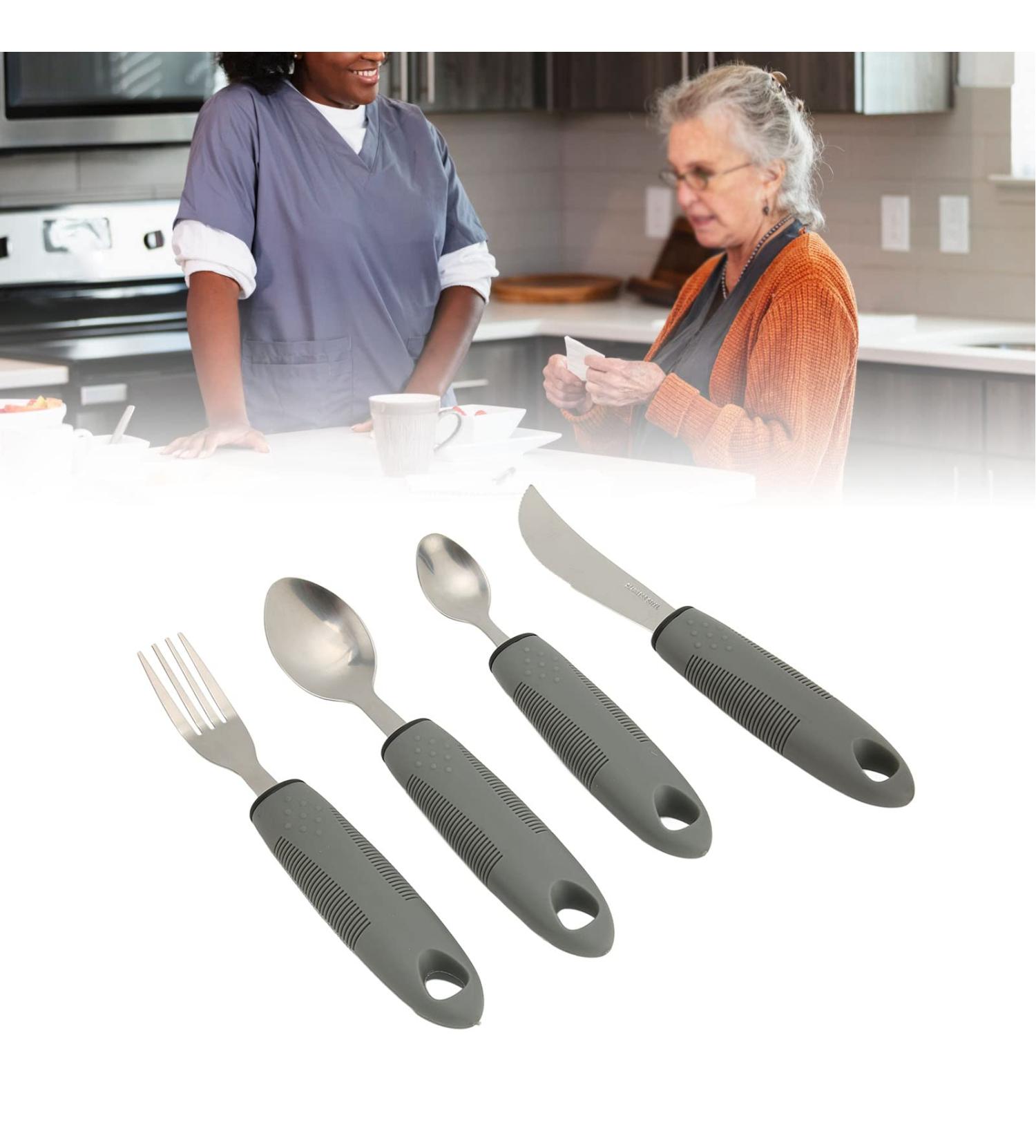 Adaptive Utensils with Light Grey 4 Piece Set Easy Grip Flatware Weighted Knives Forks and Spoons Silverware Set for Hand Tremors Arthritis or Elderly Use - Buy Online on GoSupps.com