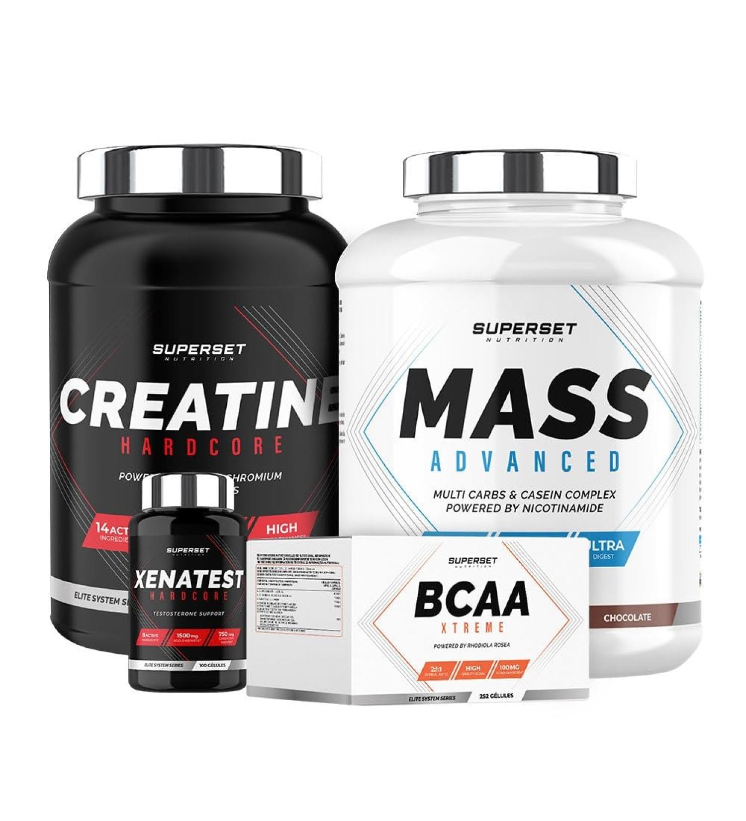 Superset Nutrition | Expert Mass Gain Program - Mass Advanced 2.5kg Chocolate - Creatine Hardcore - Bcaa Xtreme - Xenatest Hardcore - Buy Online on GoSupps.com