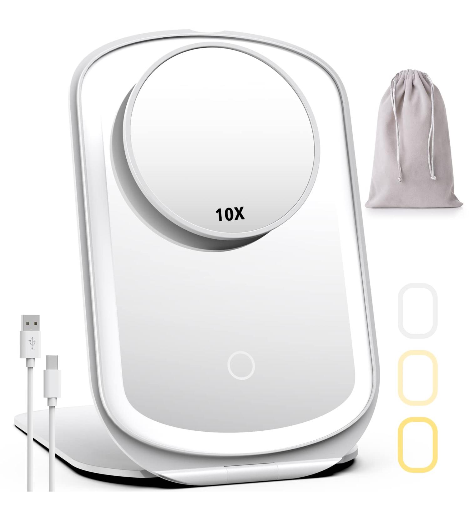 Rechargeable Lighted Travel Makeup Mirror with 10X Magnification - 3 Color Lighting, Touch Screen Dimming - Slim LED Vanity Mirror for Cosmetic, Portable - Buy Online on GoSupps.com