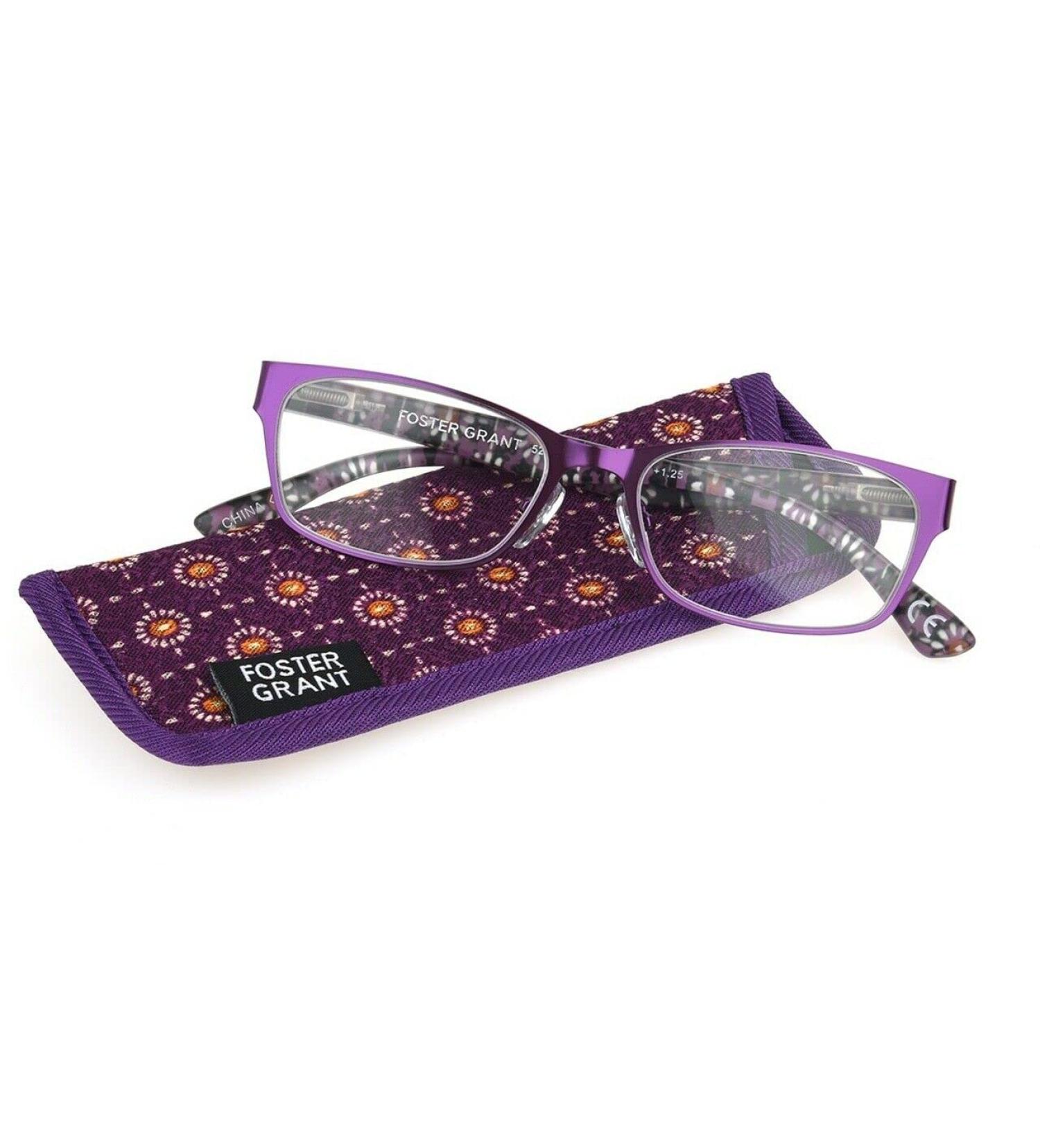 Foster Grant Blaire Purple Fashion Flower Womens Reading Glasses w/ Case +1.50