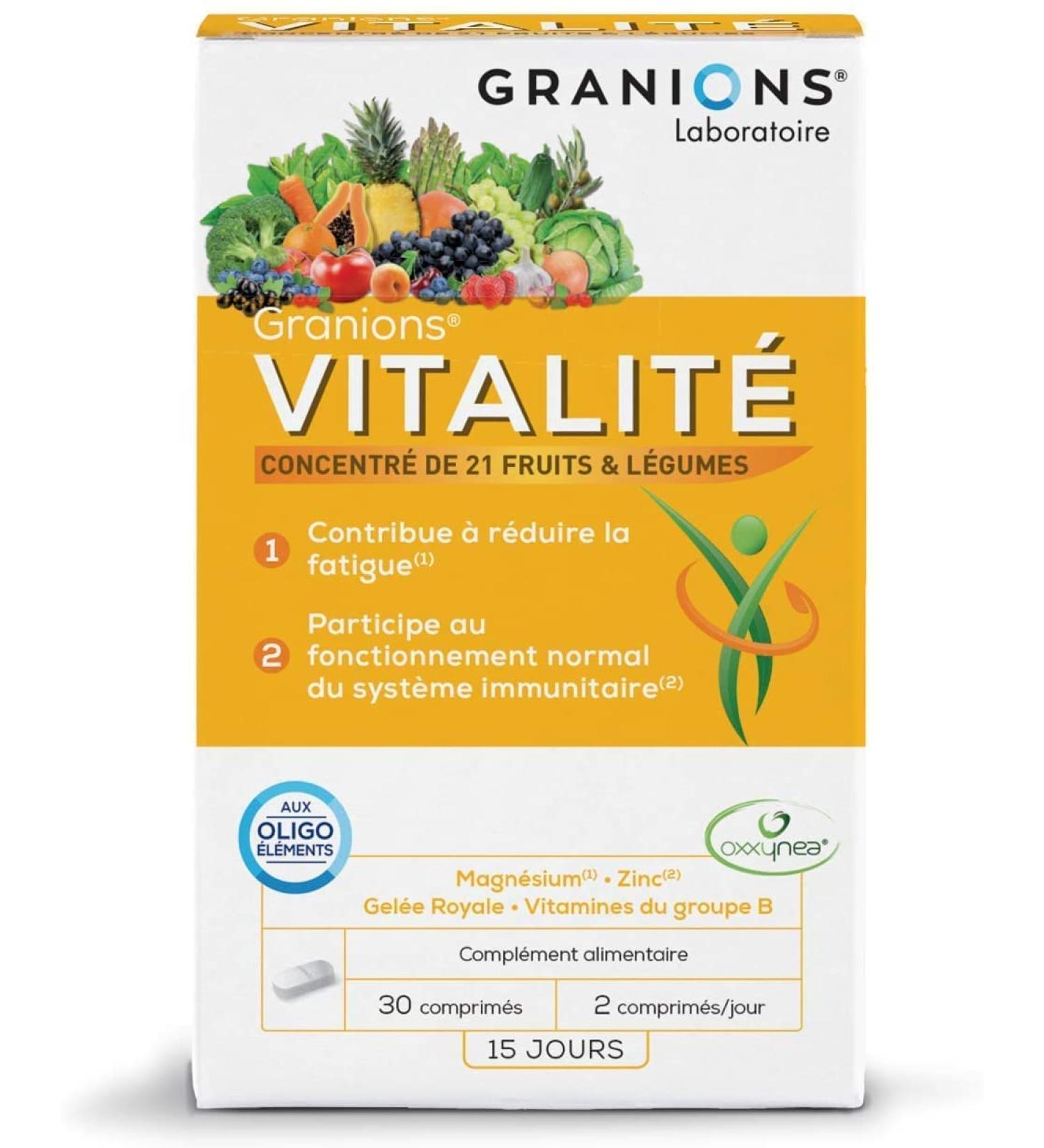 GRANIONS Vitality - 30 Tablets 15 Days - Oxxynea Patented Complex - Royal Jelly Acerola Vitamins of Group B Vitamin E Vitamin D3 Trace Elements - Passenger Fatigue - French Brand - Buy Online on GoSupps.com