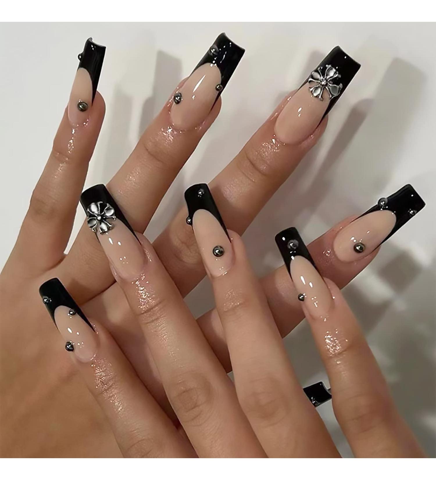 MISUD Long Press On Coffin Fake Nails - 24PCS Glossy French Tip Rhinestone Acrylic Nails for Women - Buy Online on GoSupps.com