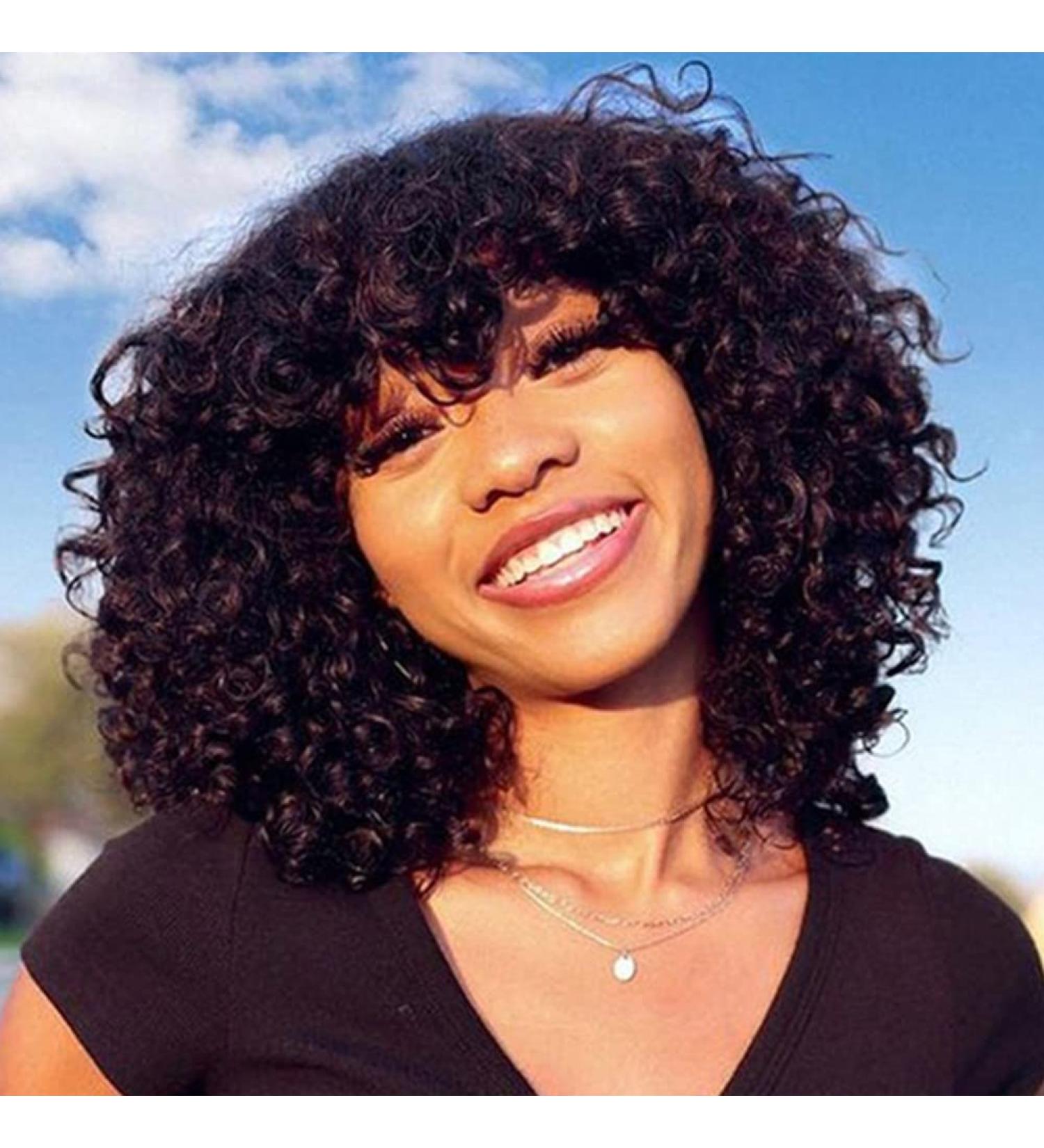Short Curly Human Hair Wig with Bangs for Black Women - Brazilian Remy, 200 Density, 14 Inch Natural Color - Buy Online on GoSupps.com