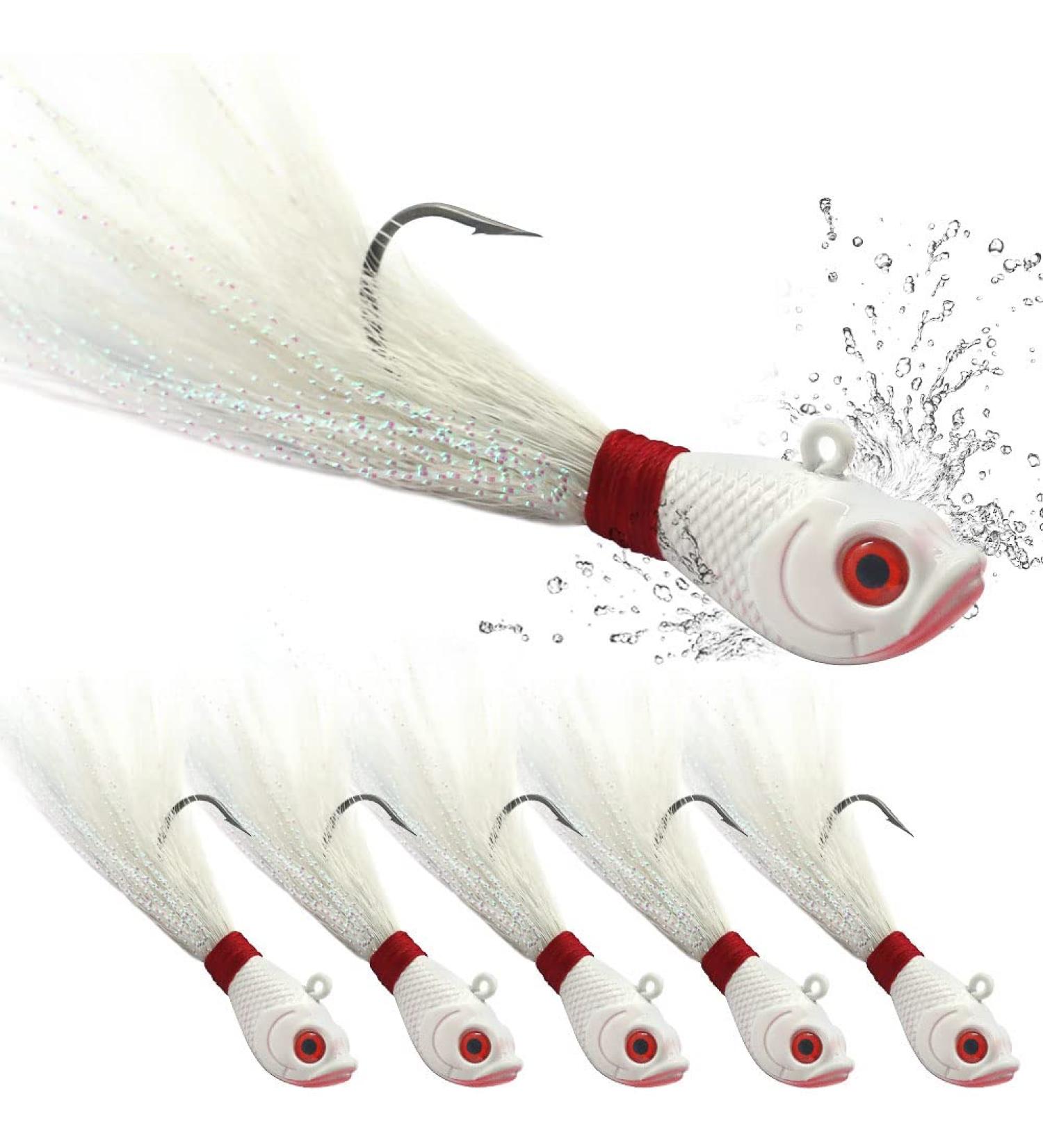 Bucktail Jigs Saltwater Hair Jigs Head Flukes Fishing Lures Assorted Kit - 5 Piece Pack for Striped Bass, Walleye, Snook, Rockfish - 1/4oz, 1/2oz, 1oz, 2oz - All White - Buy Online on GoSupps.com