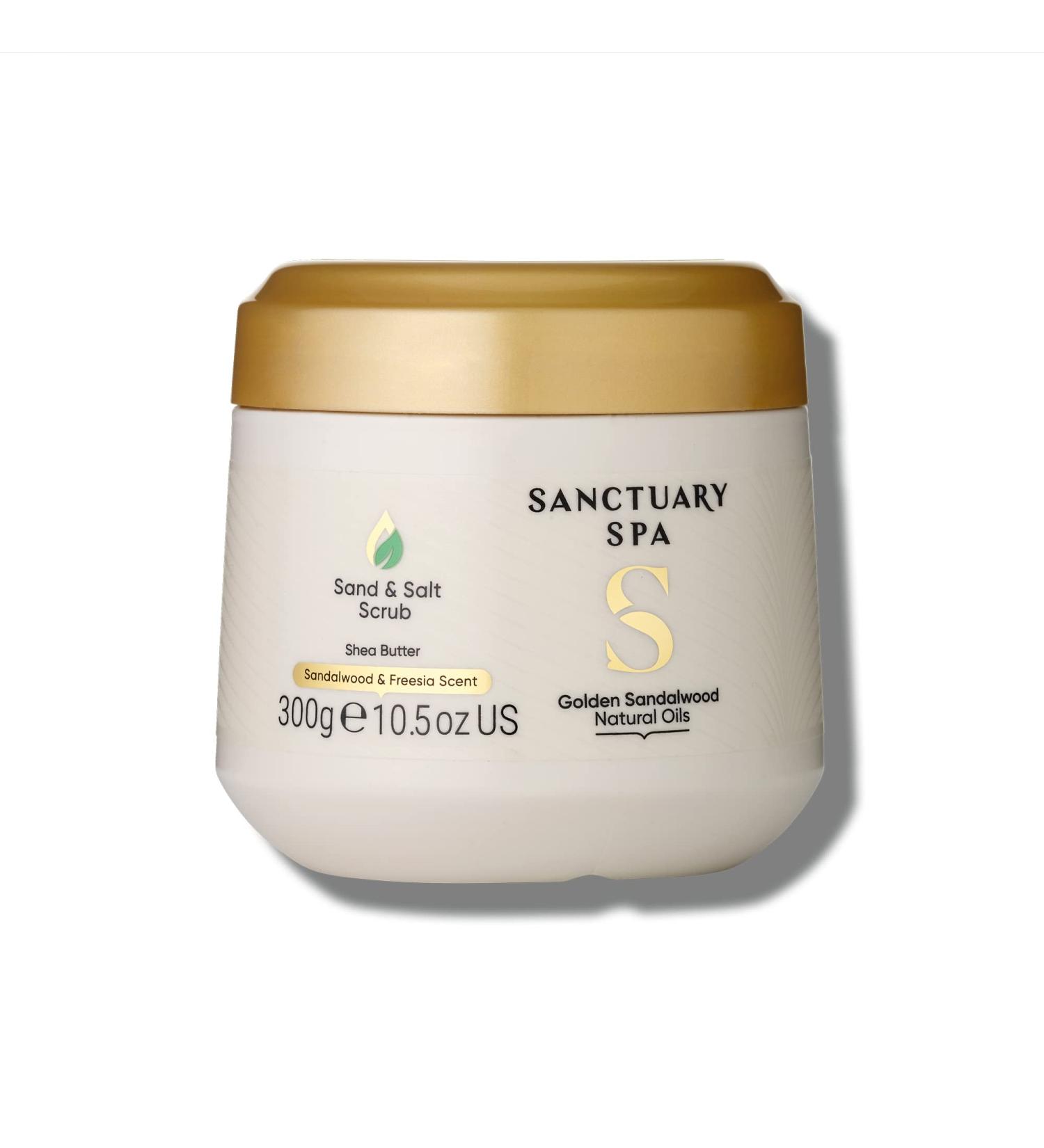 Sanctuary Spa Golden Sandalwood Scrub 300g - Natural Body Exfoliator, Mineral Oil Free, Cruelty Free & Vegan - Buy Online on GoSupps.com