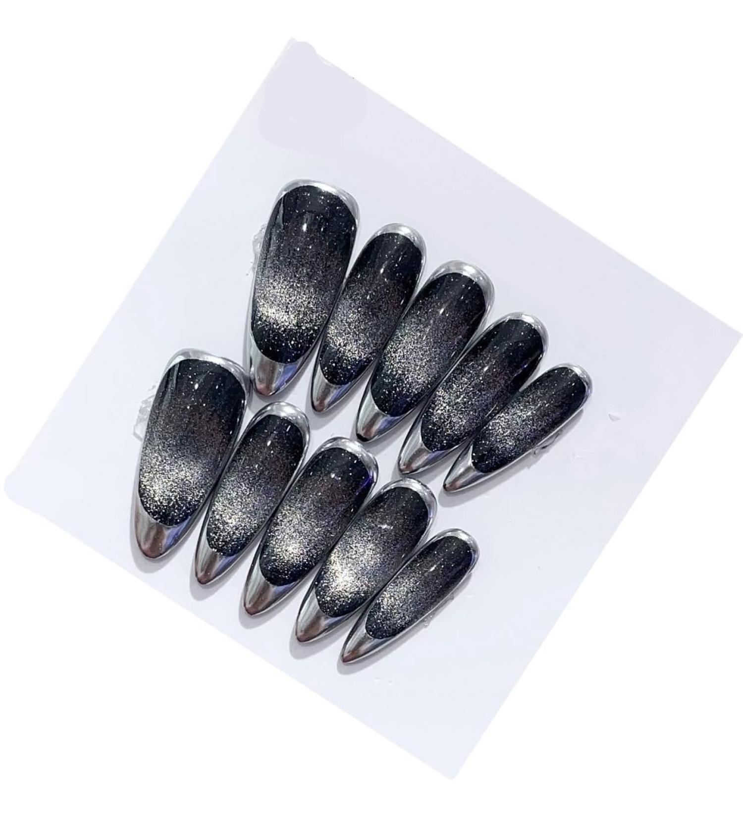 Handmade Press On Nails Medium Length Water Drop Shape French Black Cat Eye Removable Wearing nails (Color : S)