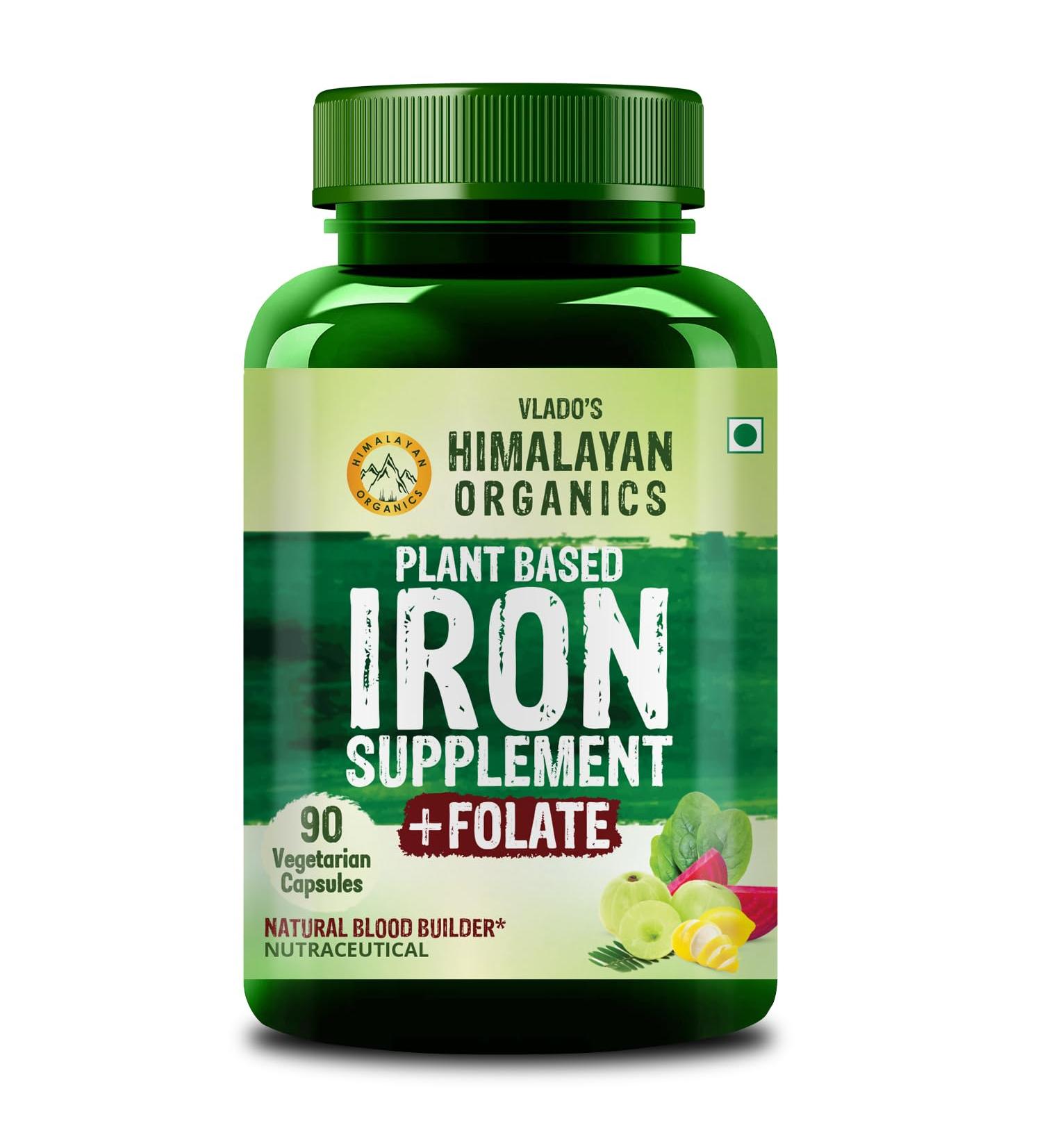 HIMALAYAN ORGANICS Organics Plant Based Iron Supplement with Folate | Improved Hemoglobin & Oxygen Capacity | Stomach Friendly | Boost Energy (90 Capsules) - Buy Online on GoSupps.com