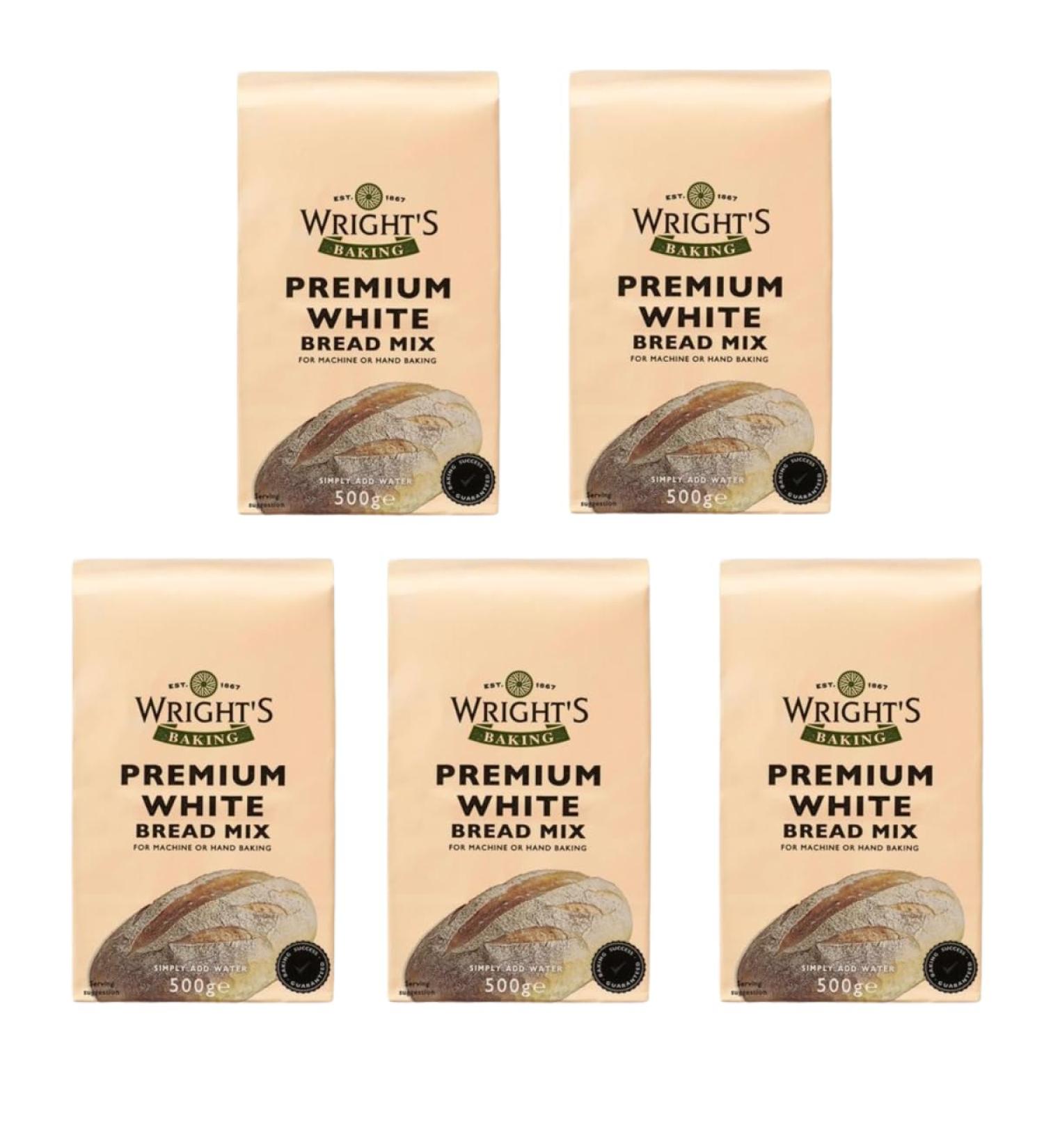 Wright's Premium White Bread Mix 500g X 5 Pack High in Fibre For Machine or Hand Baking Simply Add Water Baking Success Guaranteed Suitable for Vegetarians - Buy Online on GoSupps.com