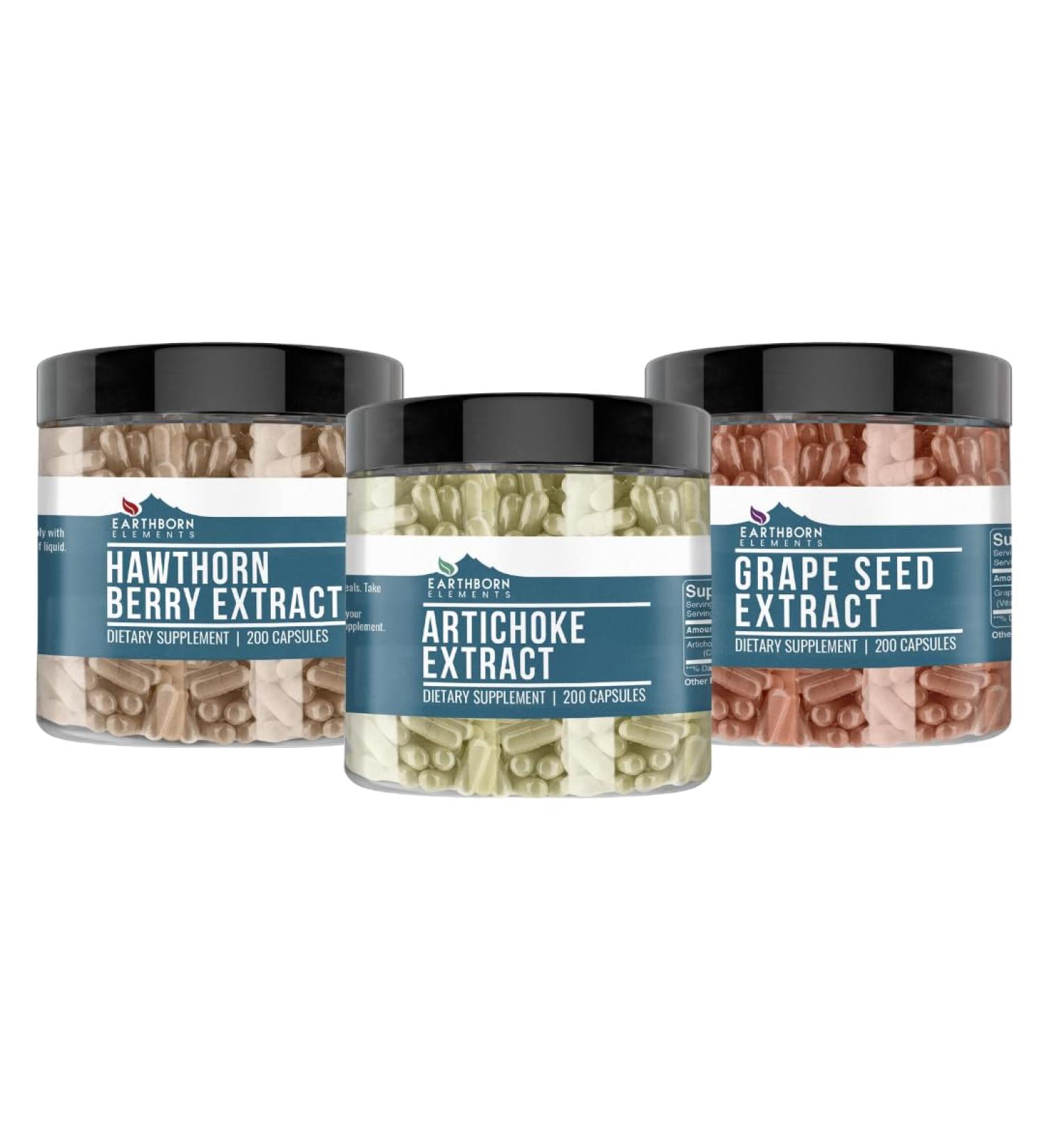 Earthborn Elements Grape Seed Artichoke & Hawthorn Berry Extract Capsule Bundle (200 Capsules Each) Pure & Undiluted No Additives - Buy Online on GoSupps.com