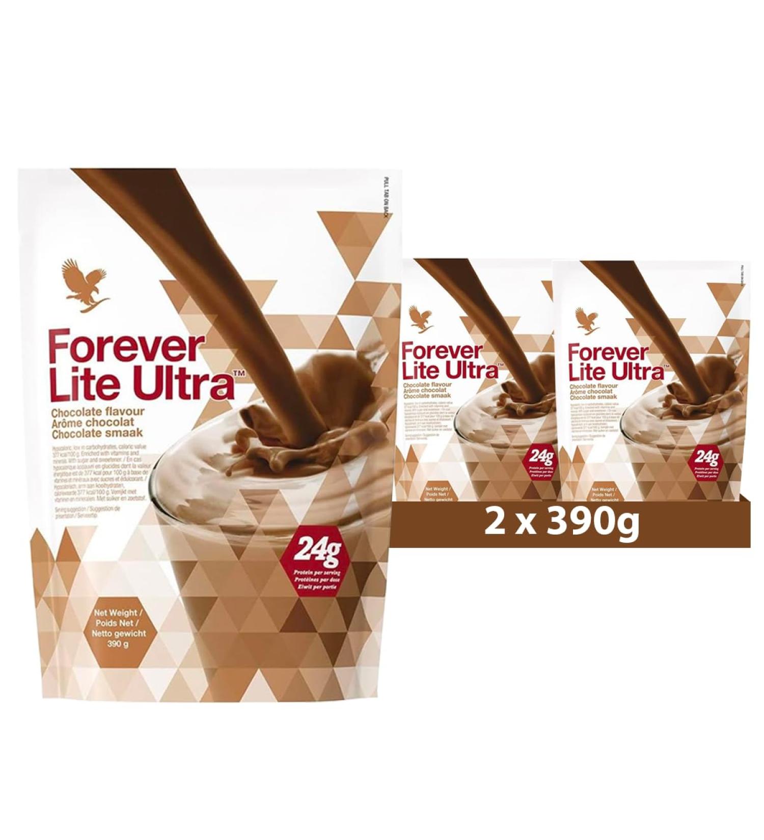 Forever Lite Ultra x 2 Chocolate Shake with Aminotein x 375g | Gluten-Free | Vegetarian Friendly | 24g of Protein per Serving | Forever Living