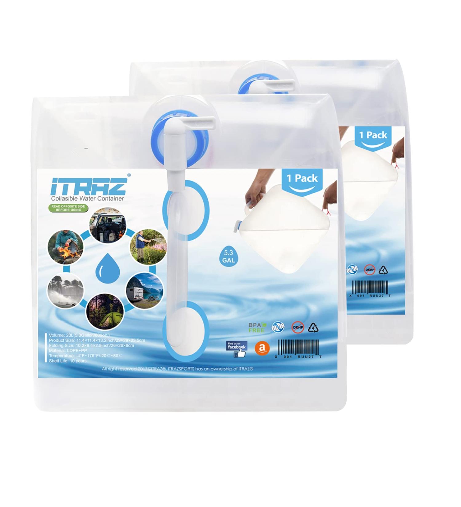 ITRAZ Collapsible Water Container BPA Free Camping Water Storage Carrier Jug with Spigot for Hiking Backpack Outdoors and Emergency Foldable Portable Survival Kits 2-Pack 5.3 Gal - Buy Online on GoSupps.com