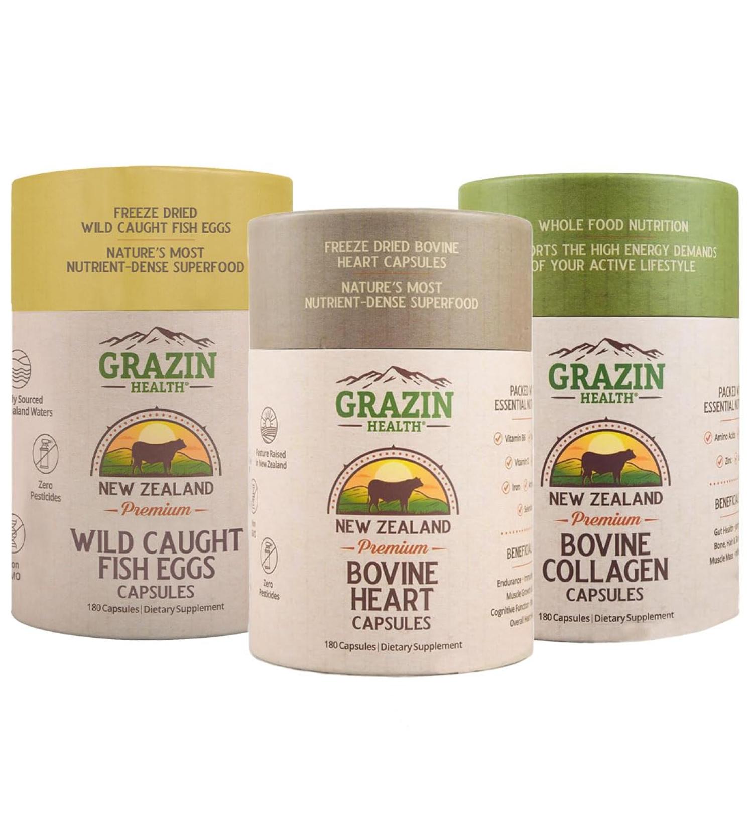 GRAZIN HEALTH Cardio & Performance Bundle | Whole-Food Heart Capsules + Fish Eggs + Grass-Fed Collagen | Omega-3 DHA & EPA Fish Roe and Bovine Organ Supplements | Clean Daily Wellness Support - Buy Online on GoSupps.com