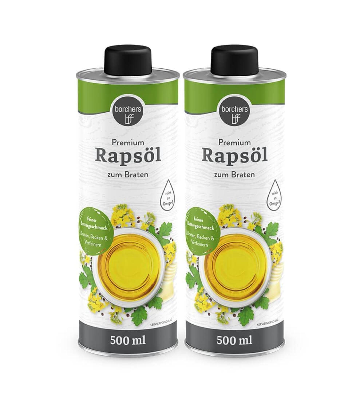 Borchers 2x Premium Rapeseed Oil Set | 2x 500ml | Rich in Omega-3 | Fine Butter Taste | Ideal for Roasting & Baking - 1L Total - Buy Online on GoSupps.com