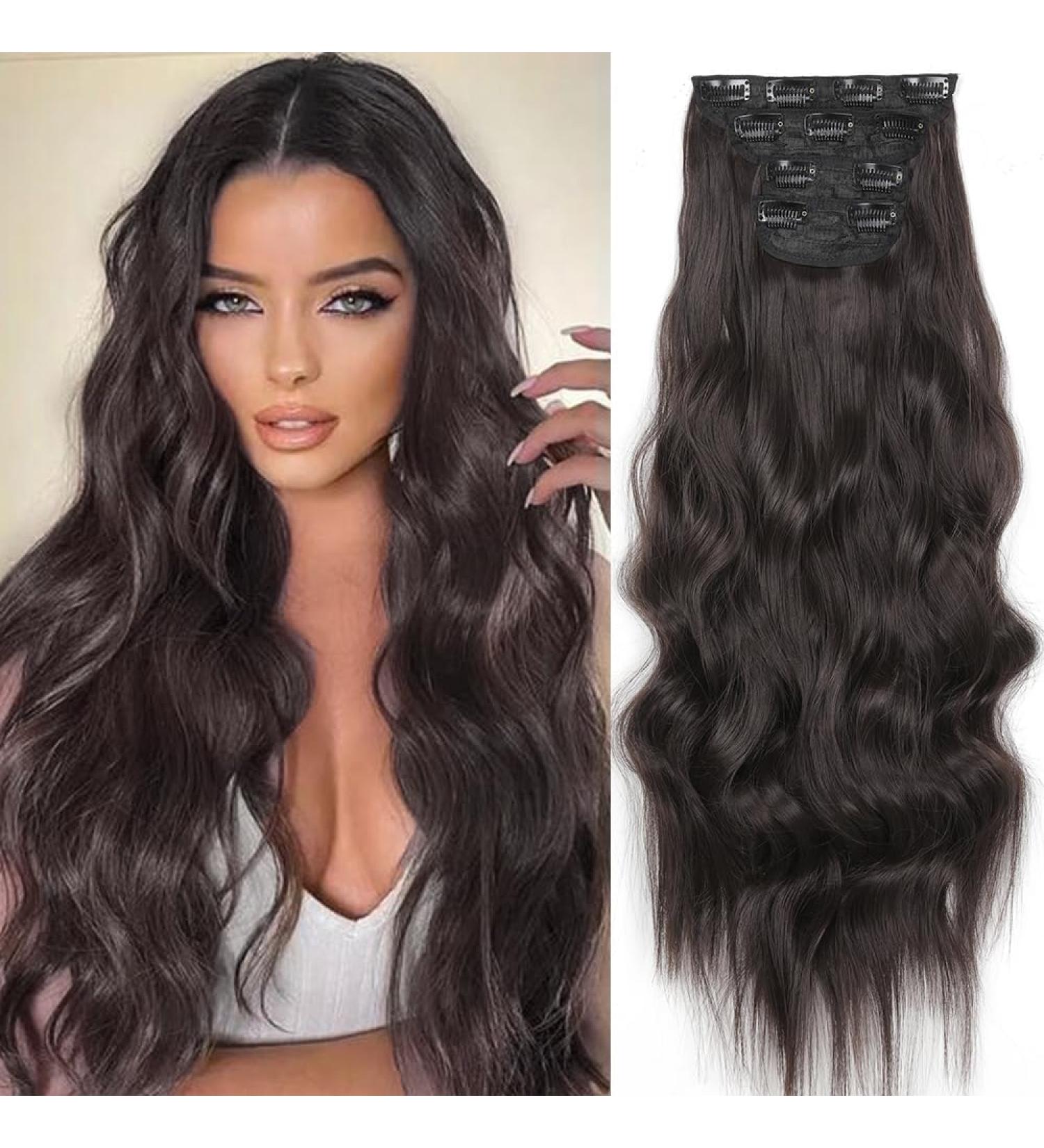 Yddm 24-Inch Dark Brown Wavy Clip-In Hair Extensions | Realistic Synthetic Hair | 4pcs Full Head | Affordable & Easy to Use - Buy Online on GoSupps.com