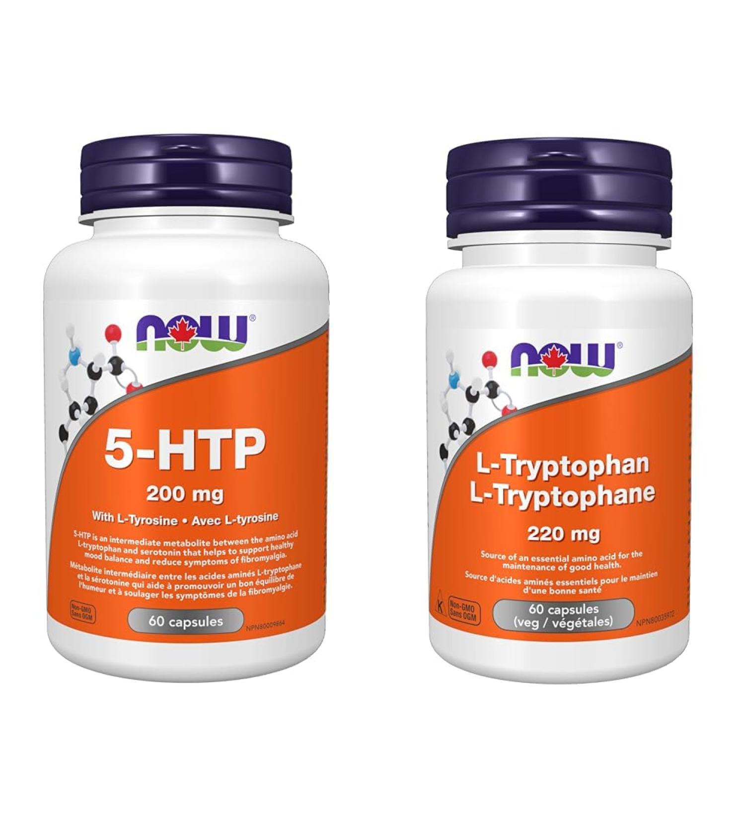 NOW Supplements 5-HTP (5-Hydroxytryptophan) 200mg Plus Tyrosine Capsules 60 Count & Supplememts L-Tryptophan 220mg Capsules 60 Count 5-HTP+ 220mg Capsules - Buy Online on GoSupps.com