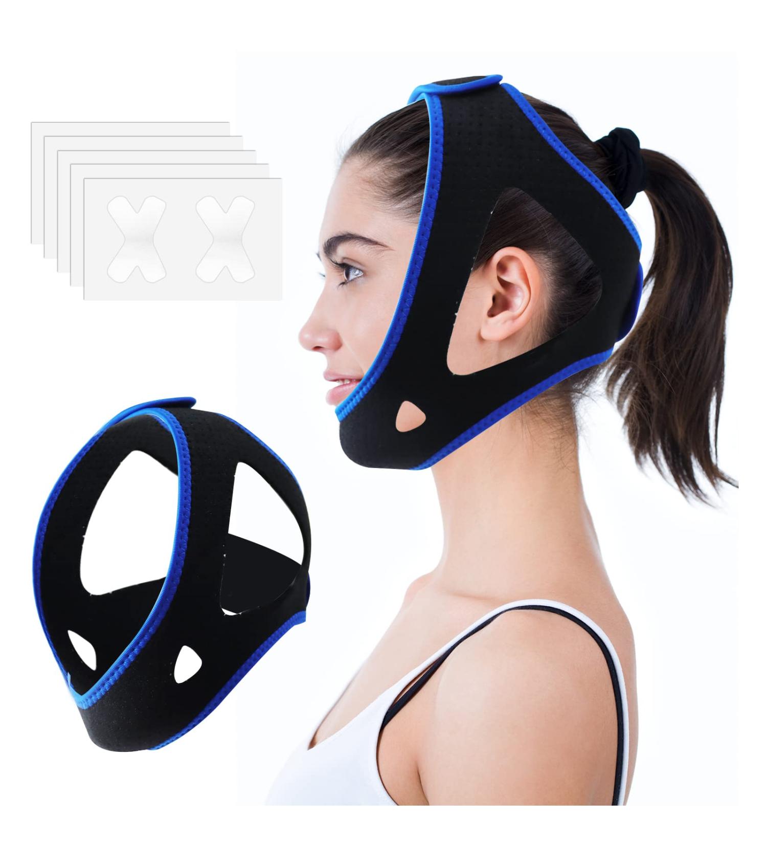 Flunyina Anti Snore Chin Strap for CPAP Users - Adjustable Head Band for Snore Reduction - Includes 5 Sleep Mouth Strips - Blue - Buy Online on GoSupps.com