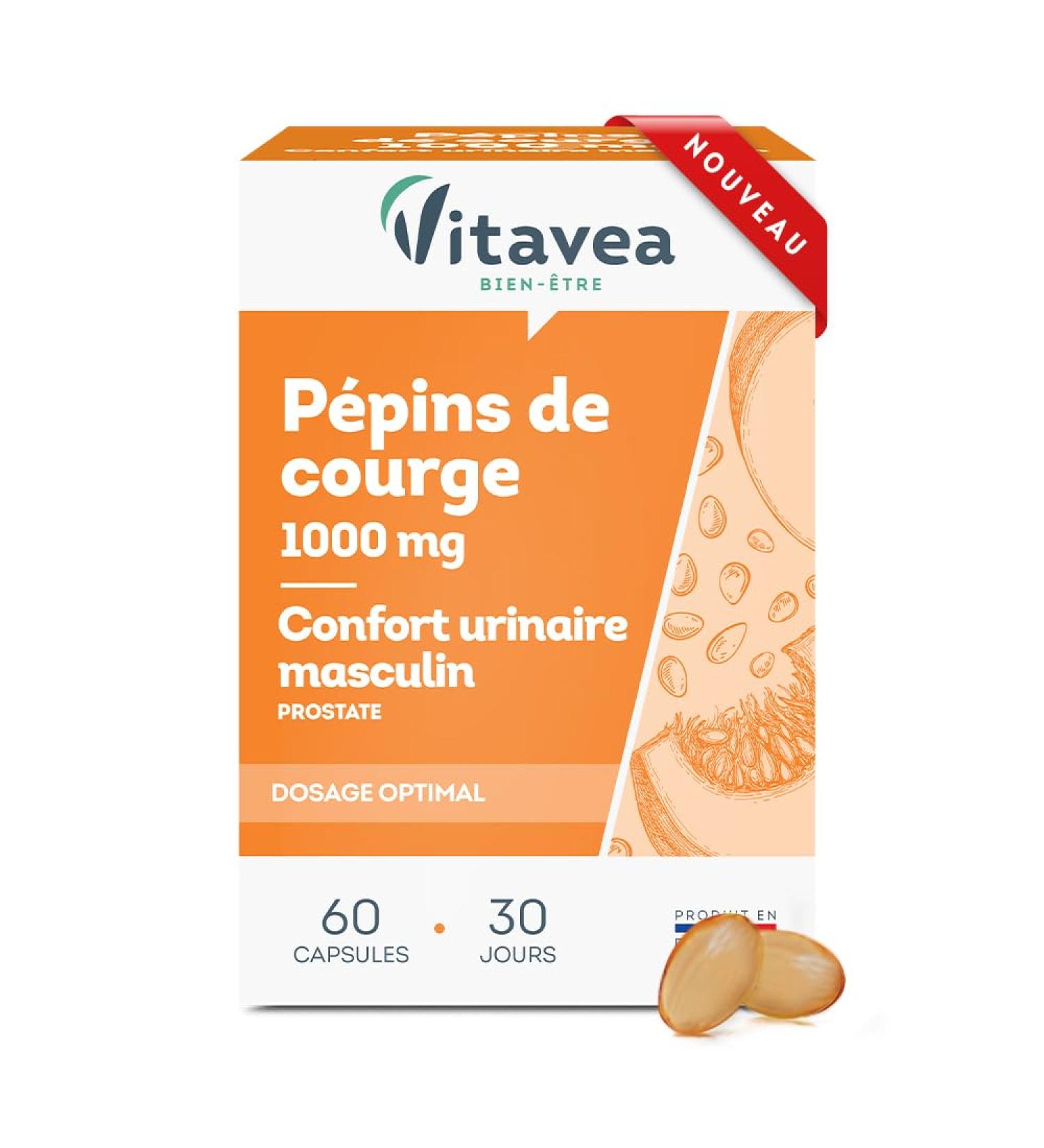 Vitavea - Pumpkin Seed 1000MG - Men's Food Supplement - Urinary Comfort - Prostate - Squash Seed Oil - 60 Tablets - Cure 1 Month - Made in France - Buy Online on GoSupps.com