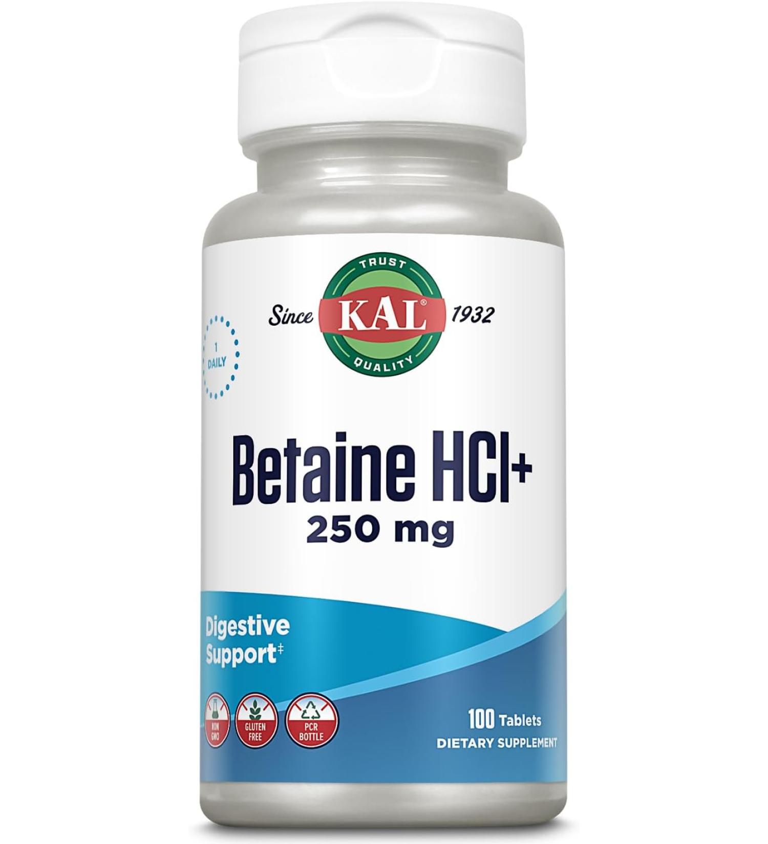 KAL Betaine HCl+ 100 Tablets - Digestive Support & Stomach Acid Booster - Buy Online on GoSupps.com
