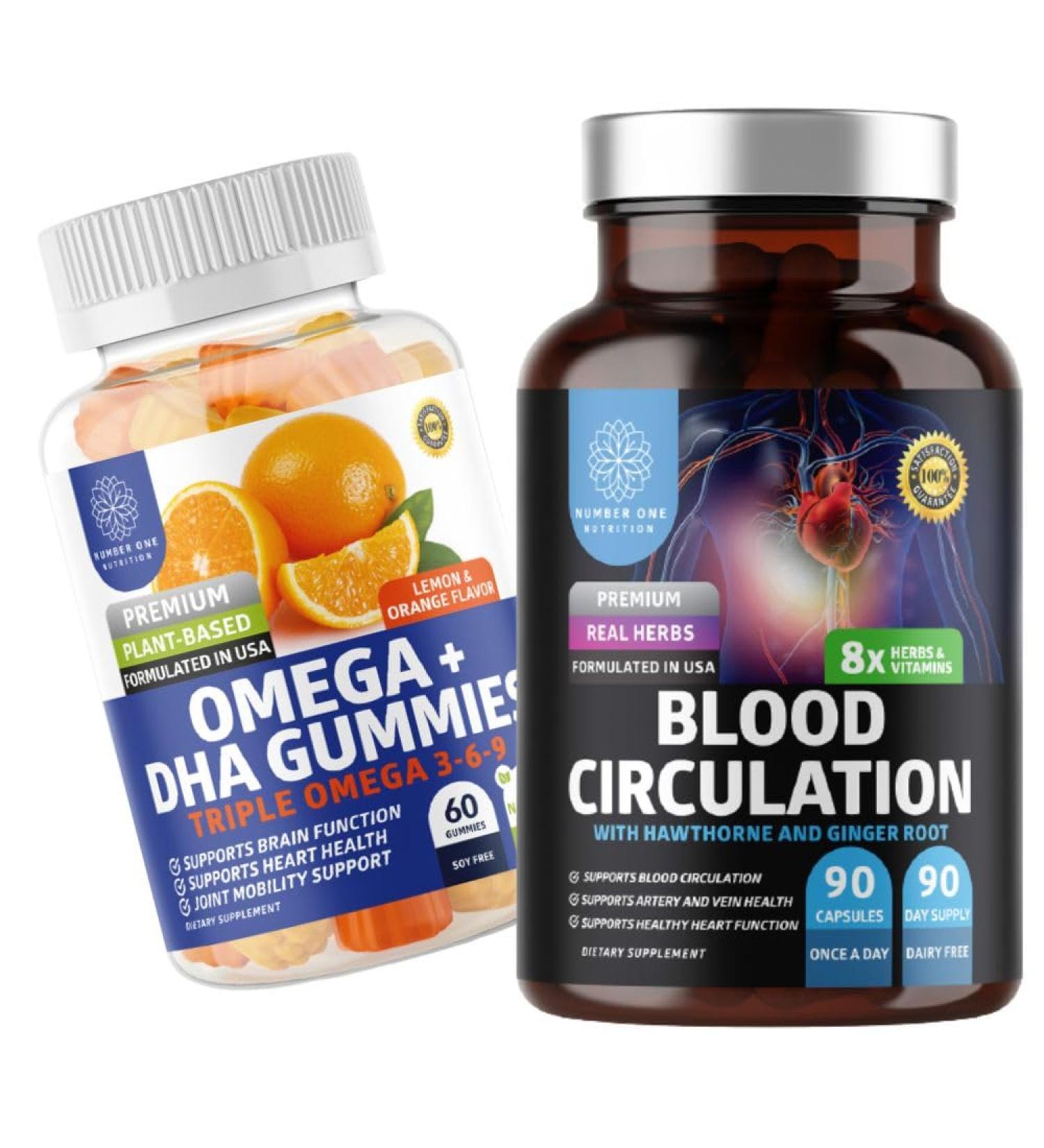 Number One Nutrition N1N Premium Blood Circulation Supplement with 8 Powerful Herbs & Vitamins and Omega 3 6 9 + DHA Gummies 2 Pack Bundle - Buy Online on GoSupps.com