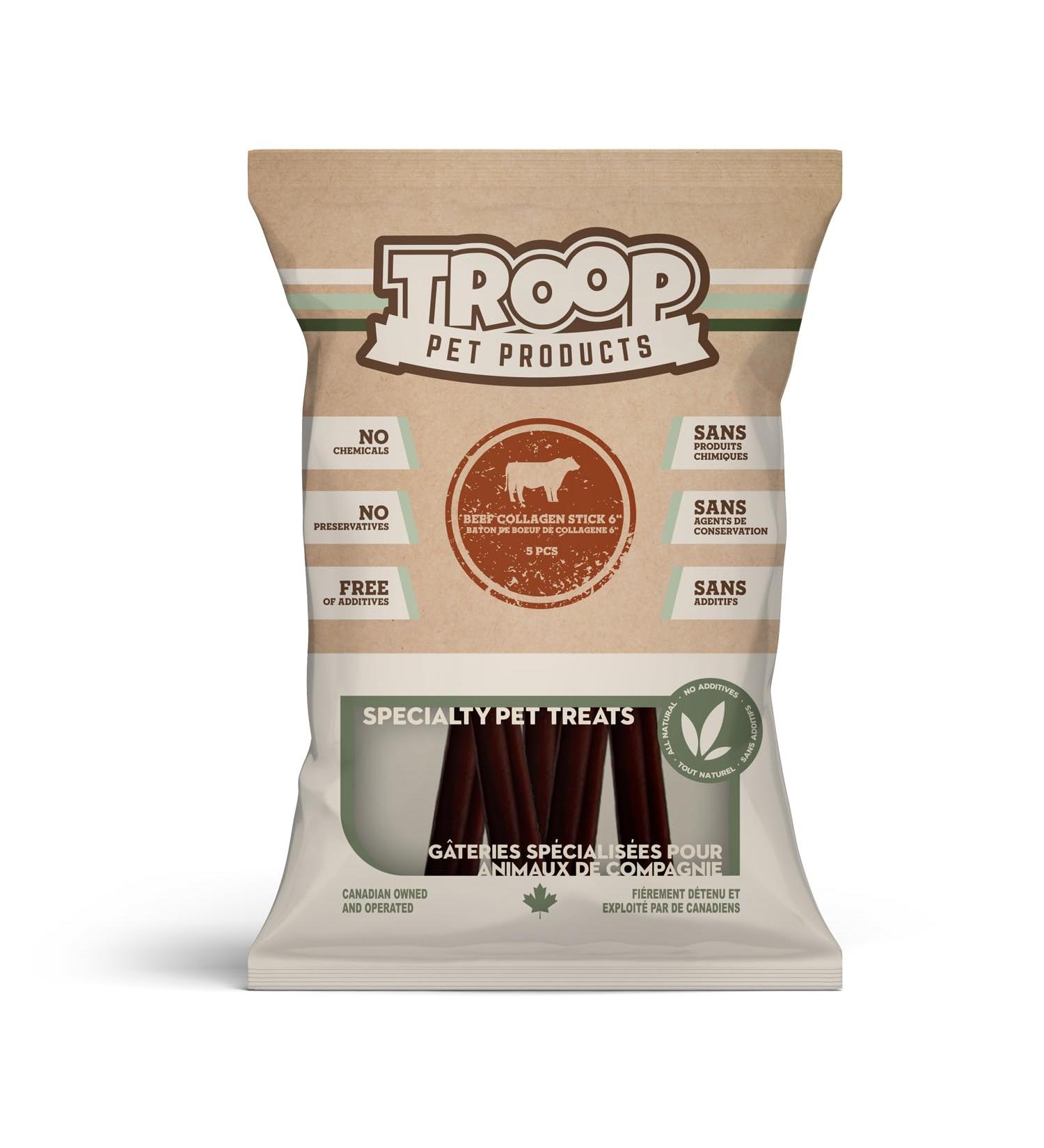 Troop Pet Products Beef Collagen Stick Natural Single Ingredient Dehydrated Dental Chew 6" (Pack of 5) - Buy Online on GoSupps.com