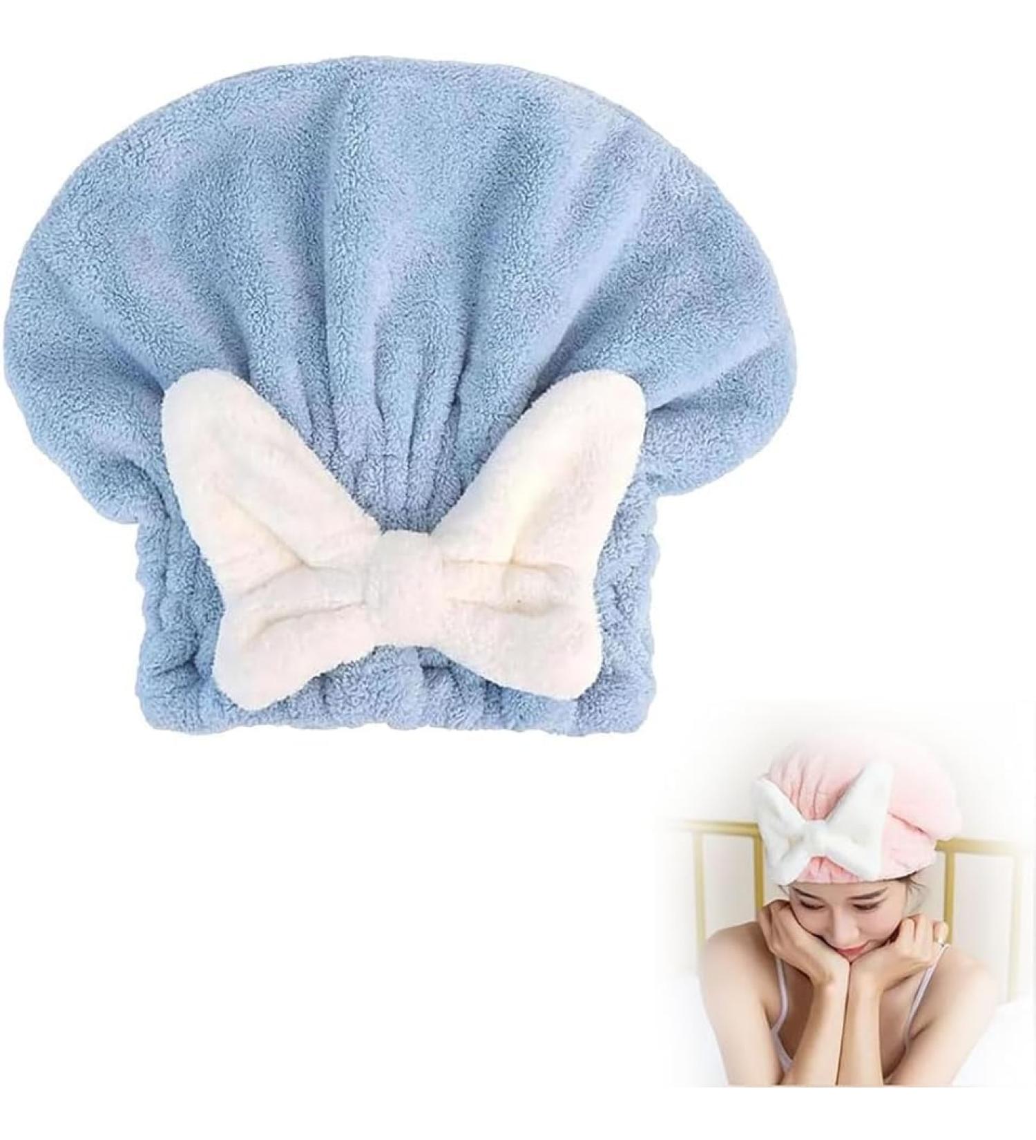 Super Absorbent Microfiber Hair Towel Wrap - Quick Drying Coral Velvet Bow Cap for Thick Curly Hair - Ultra Soft Shower Cap (Blue - Buy Online on GoSupps.com