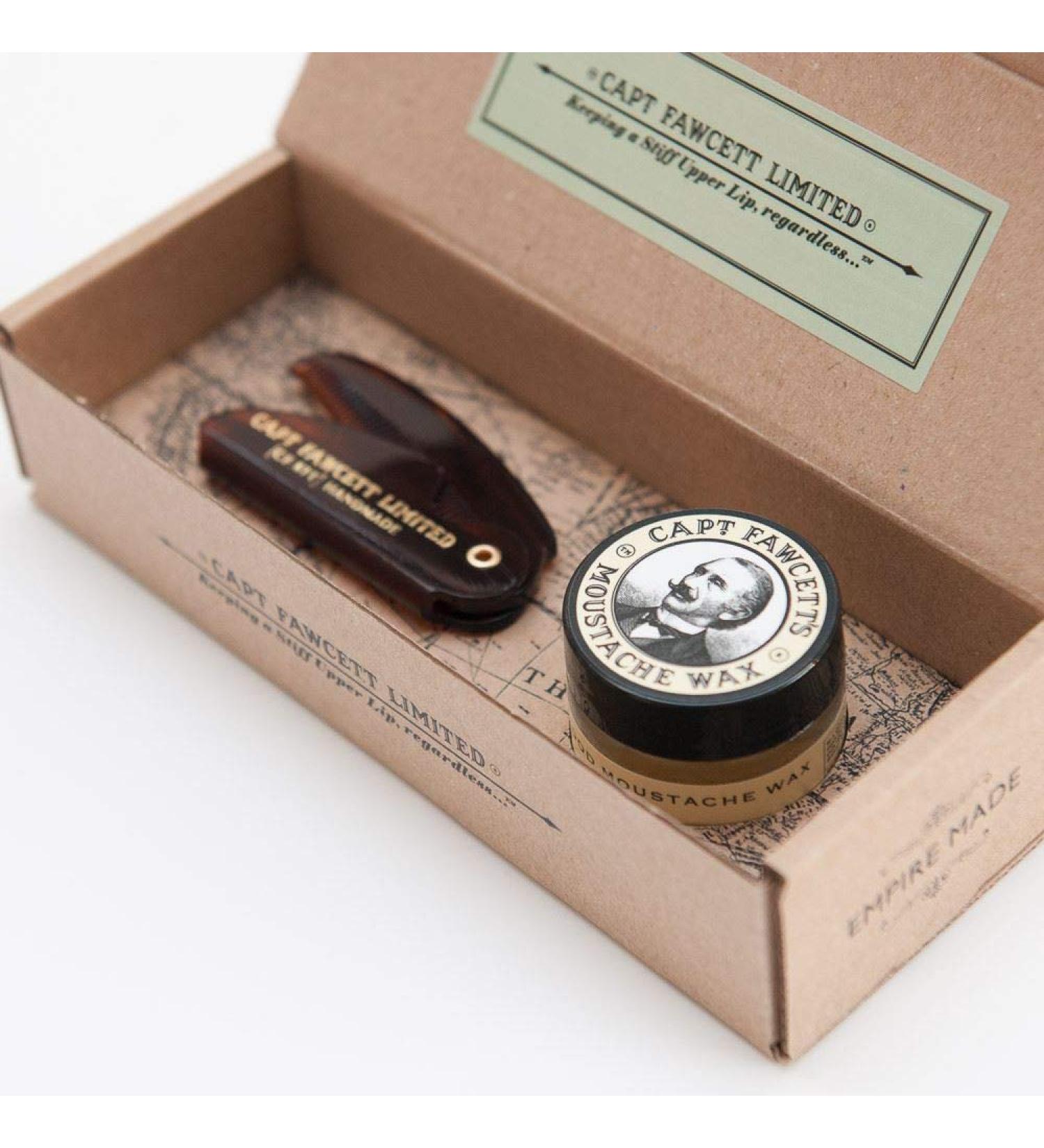 Captain Fawcett's Moustache Wax (Sandalwood Scent) & Folding Pocket Moustache Comb (CF.87T) Gift Set - Made in England